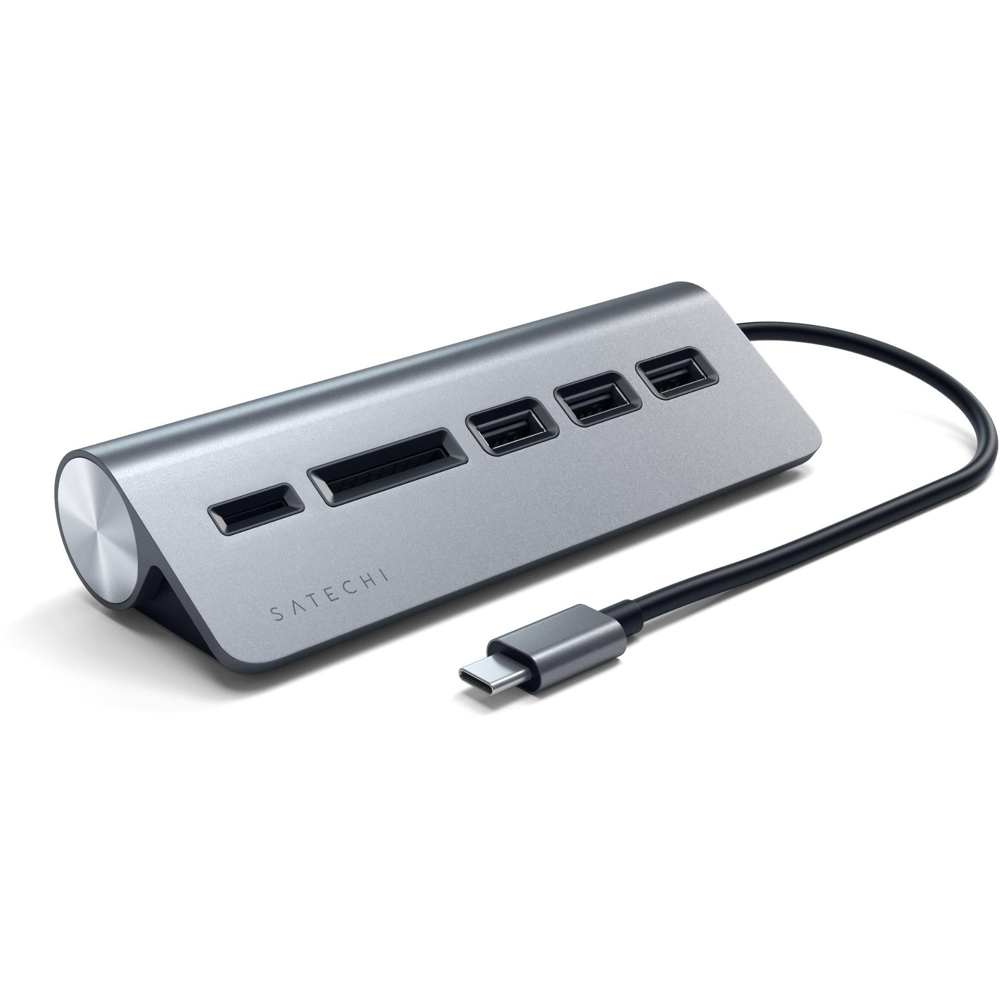 Space gray USB-C 3.0 combo hub with multiple ports and attached USB-C cable