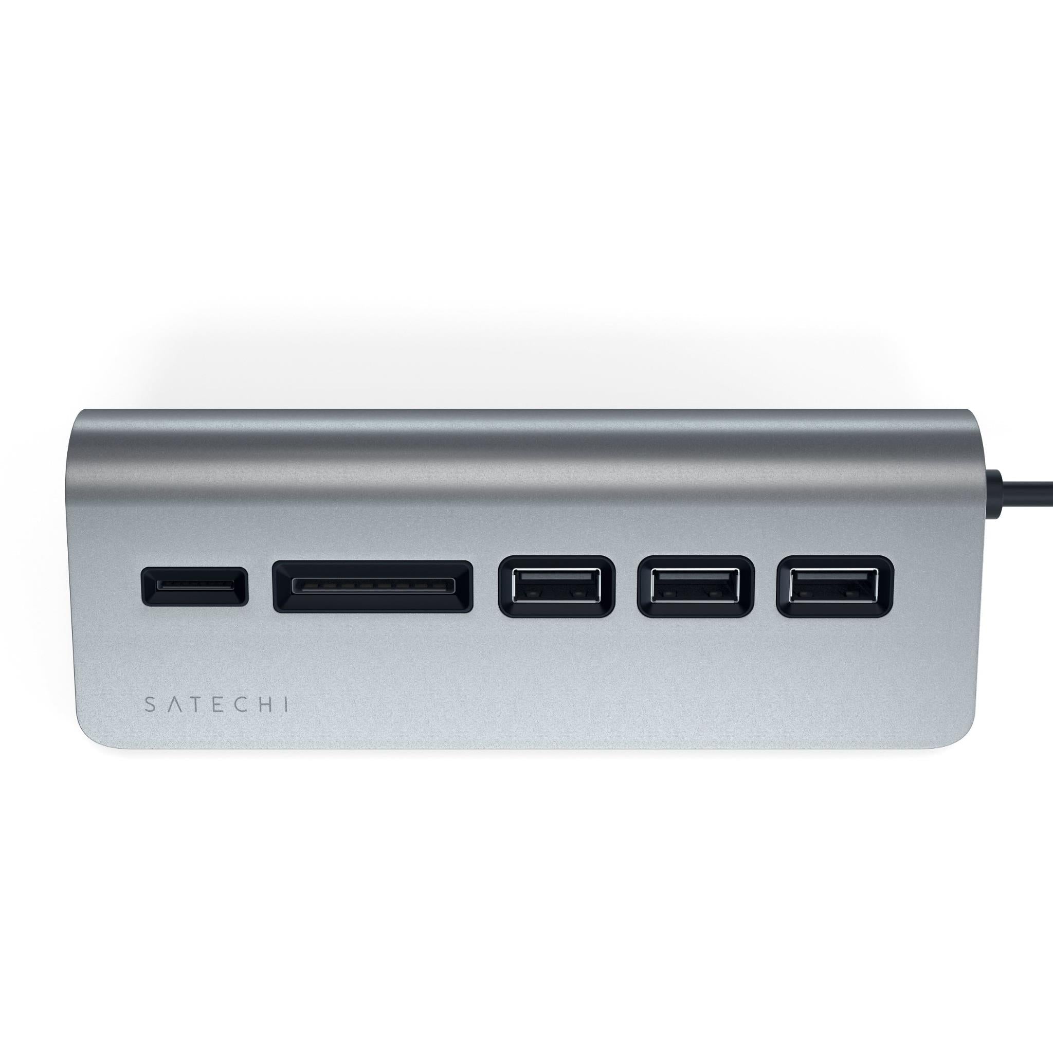 Space gray USB-C combo hub front panel with several USB and card ports