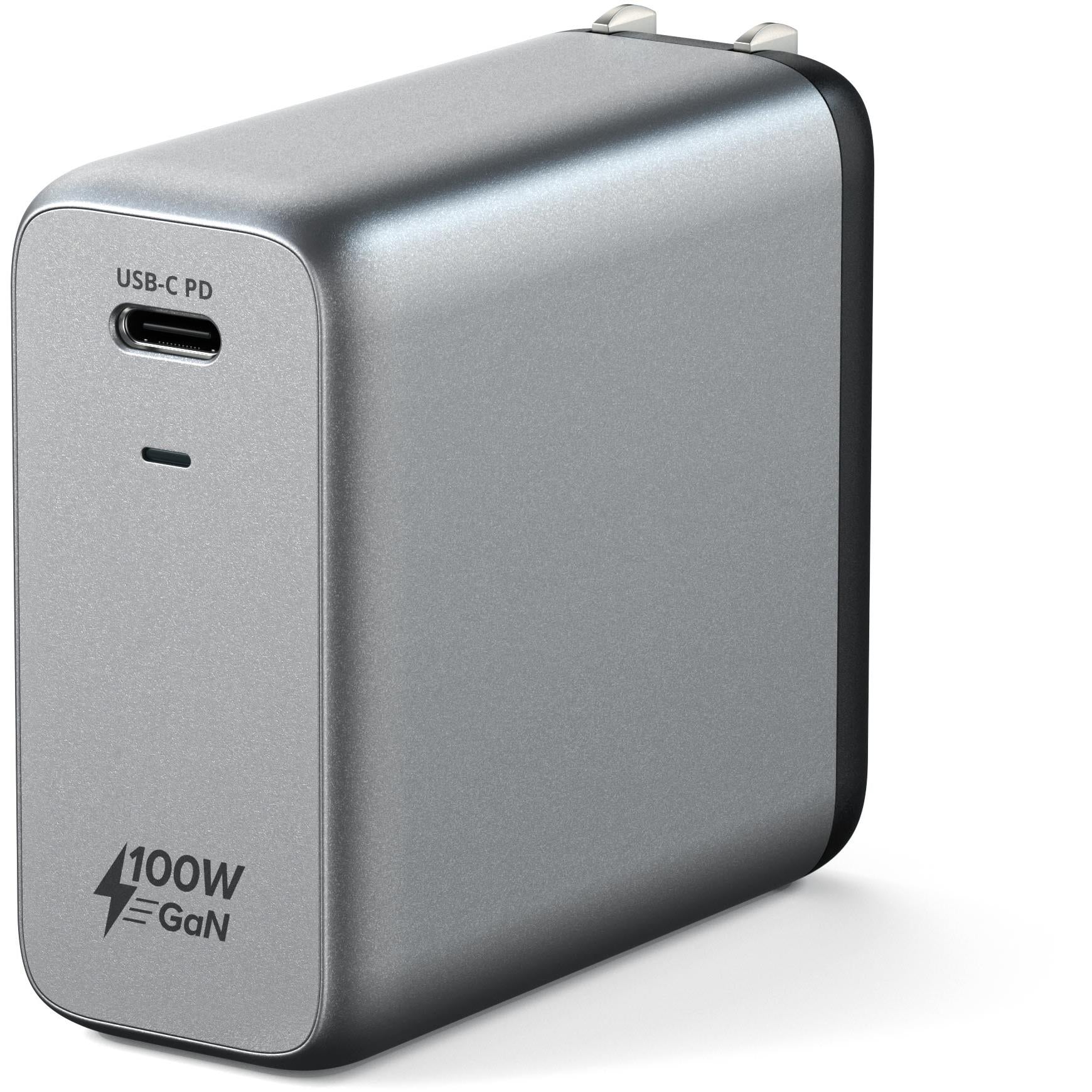 Grey Satechi 100W GaN USB-C PD wall charger with foldable plug, side view