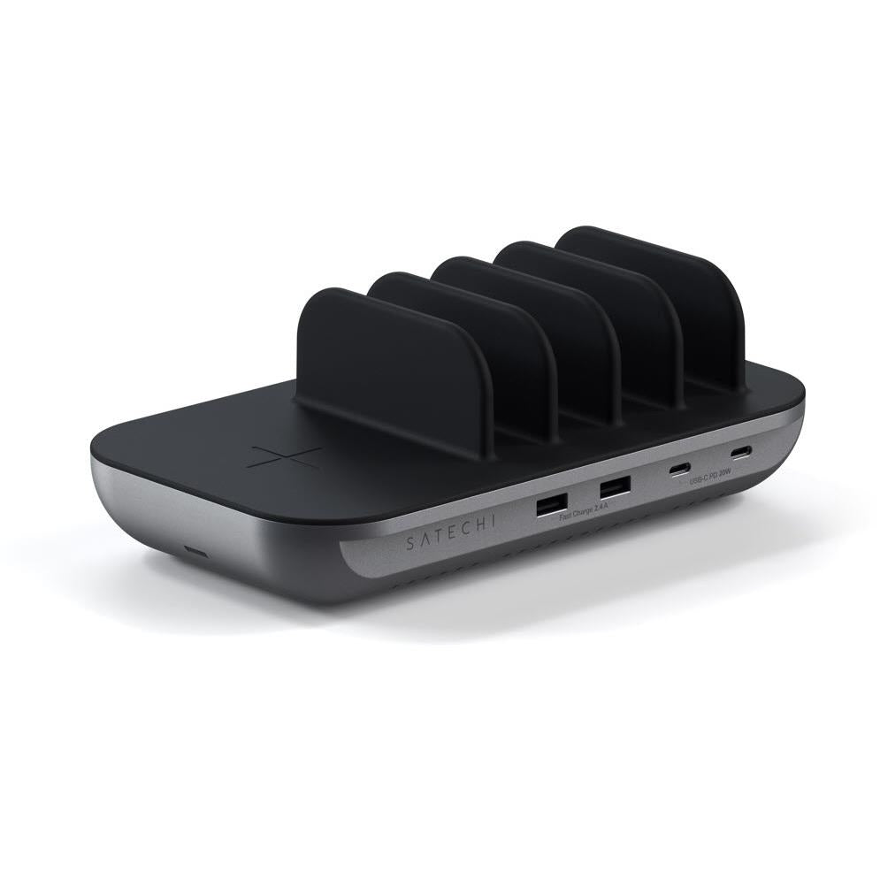 Black charging station with 5 dock arms and side USB ports
