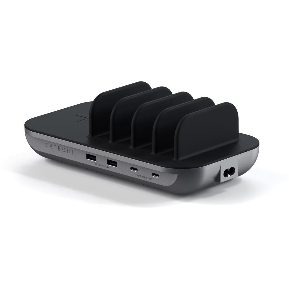Black multi-device charging station with side USB ports and power input