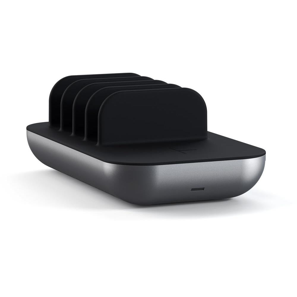 Black charging base with raised dock arms and built-in wireless charging pad