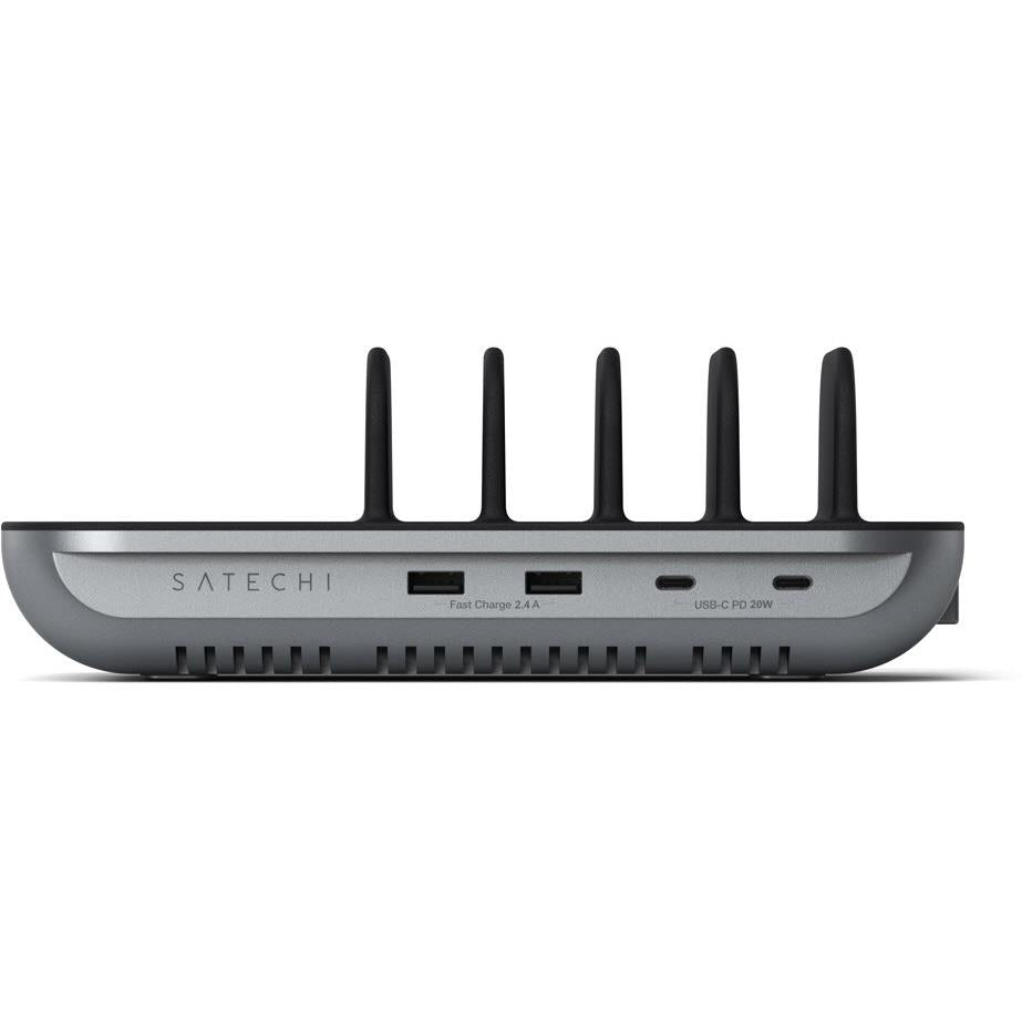 Bottom view of black charging dock with five charging contacts and ports