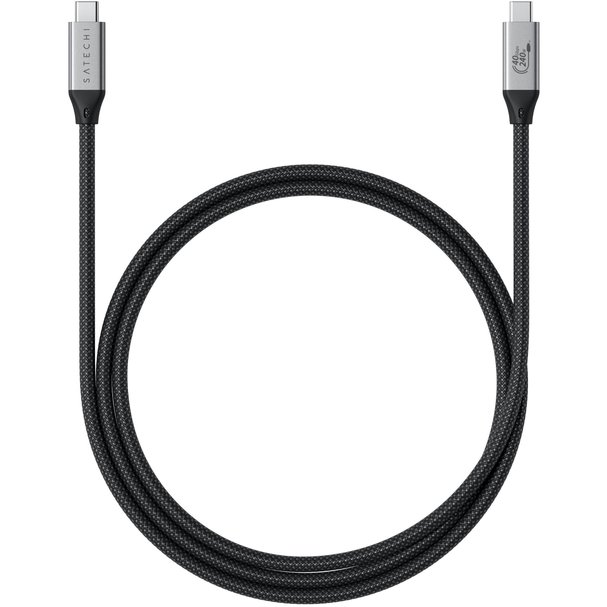 Black braided USB-C to USB-C cable with two silver metal USB-C plugs