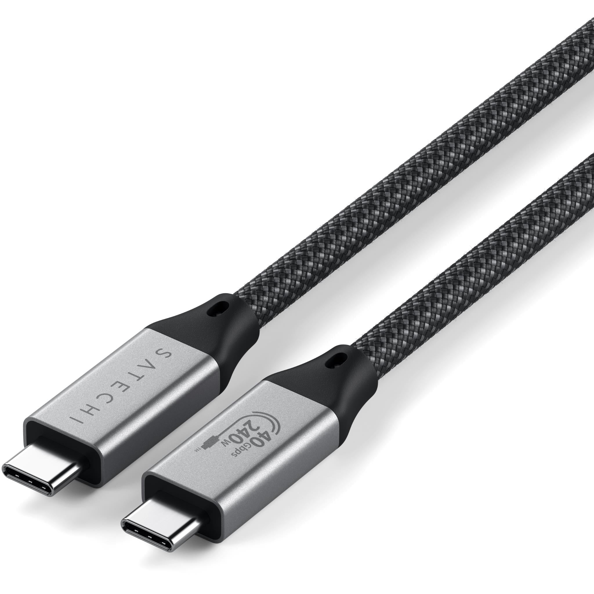 USB-C to USB-C cable tips with silver connectors and black braided strain relief