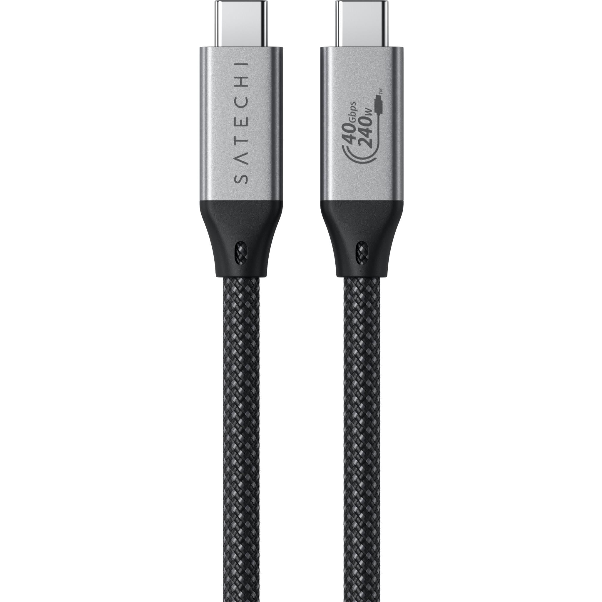 Two silver USB-C connectors on a black braided USB-C to USB-C cable