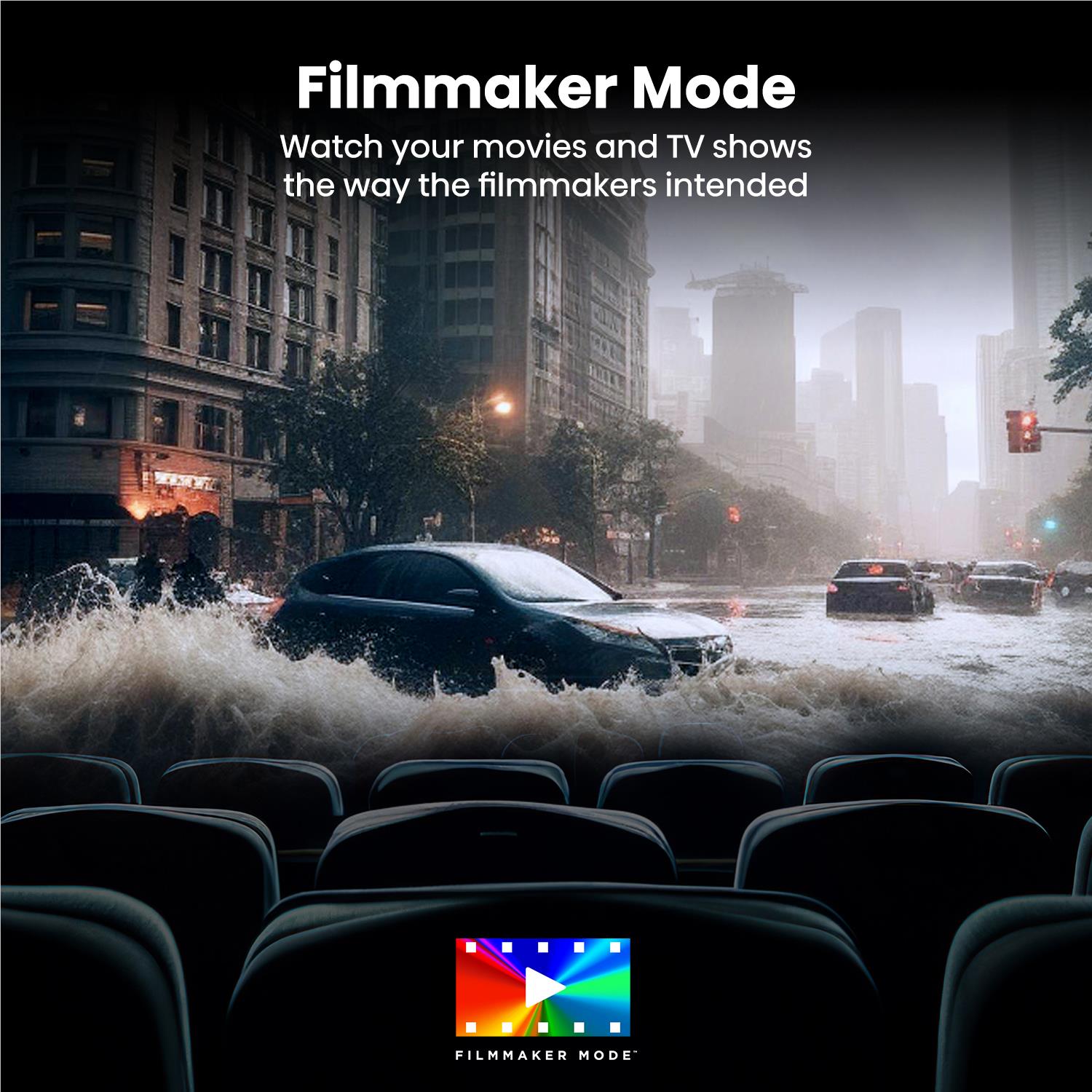 Smart TV screen showing a rainy city street scene with theater seats