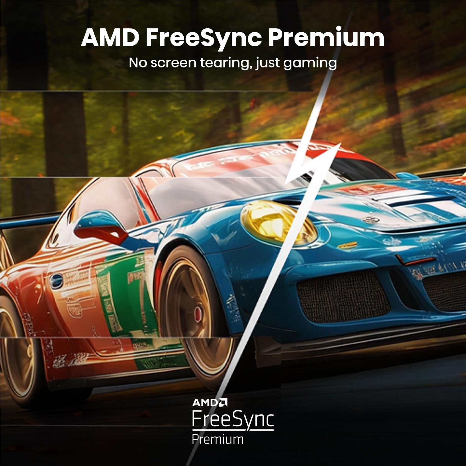 Hisense 100-inch Q7 Hi-QLED smart TV screen with racing car scene and FreeSync overlay