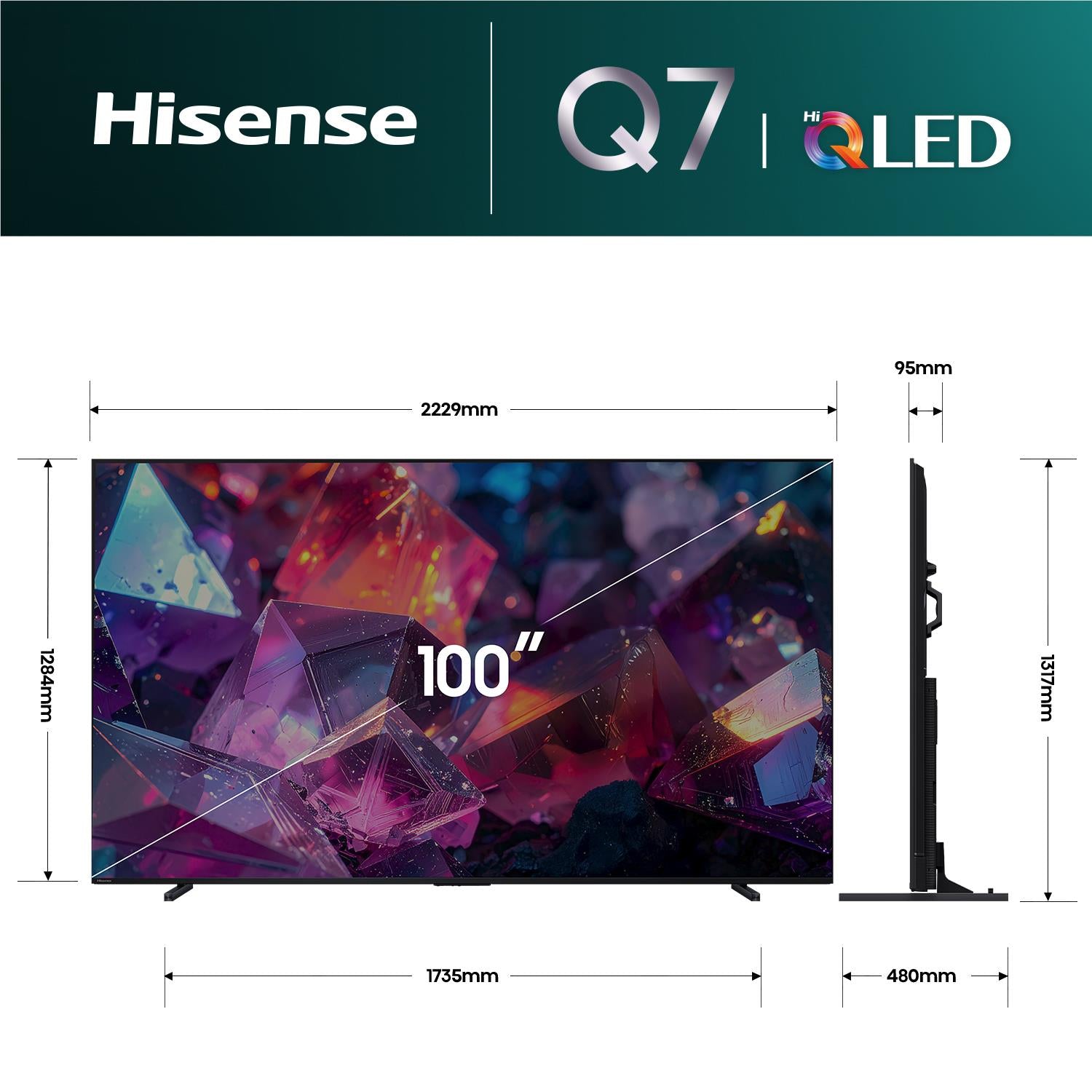 Hisense 100-inch QLED TV with side profile and size measurements diagram