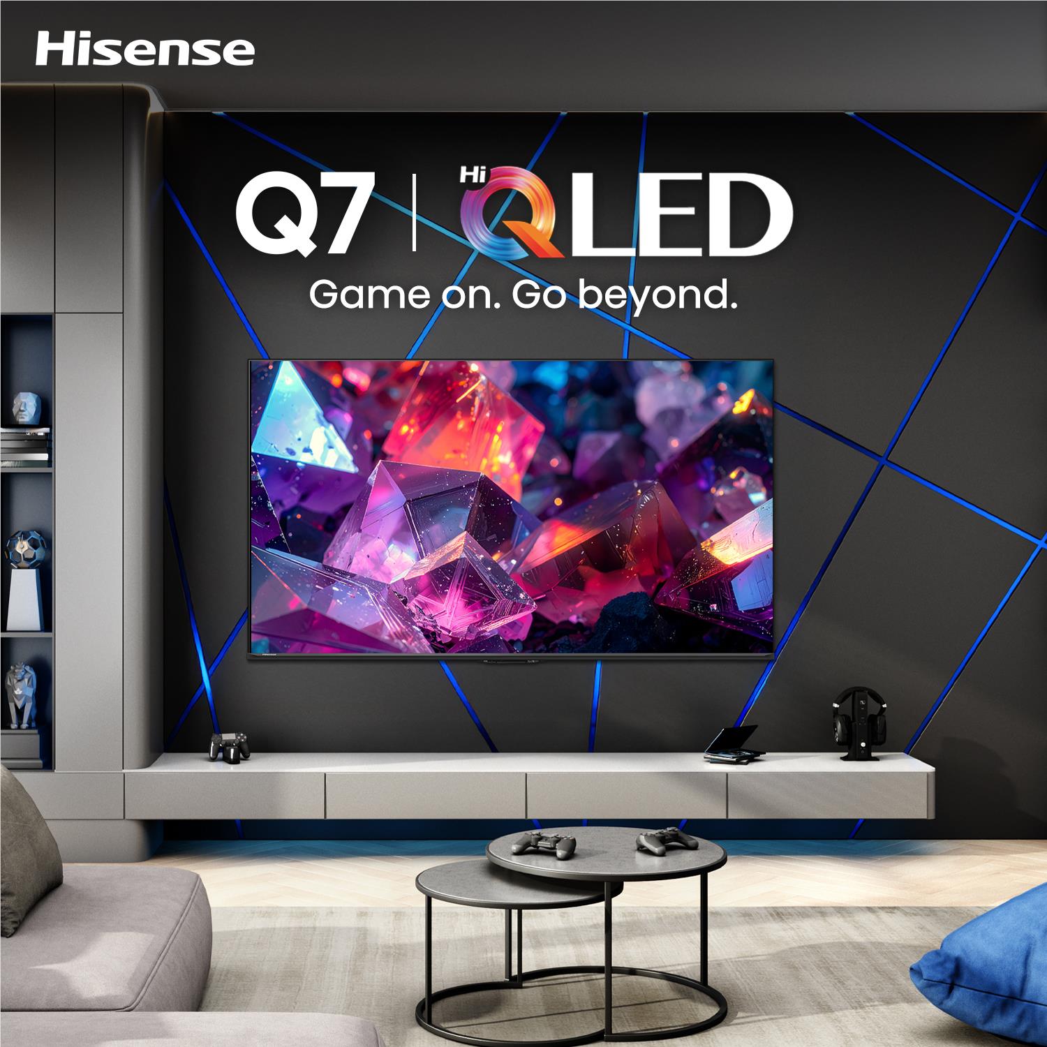Hisense QLED TV on entertainment console with Q7 Game on screen display
