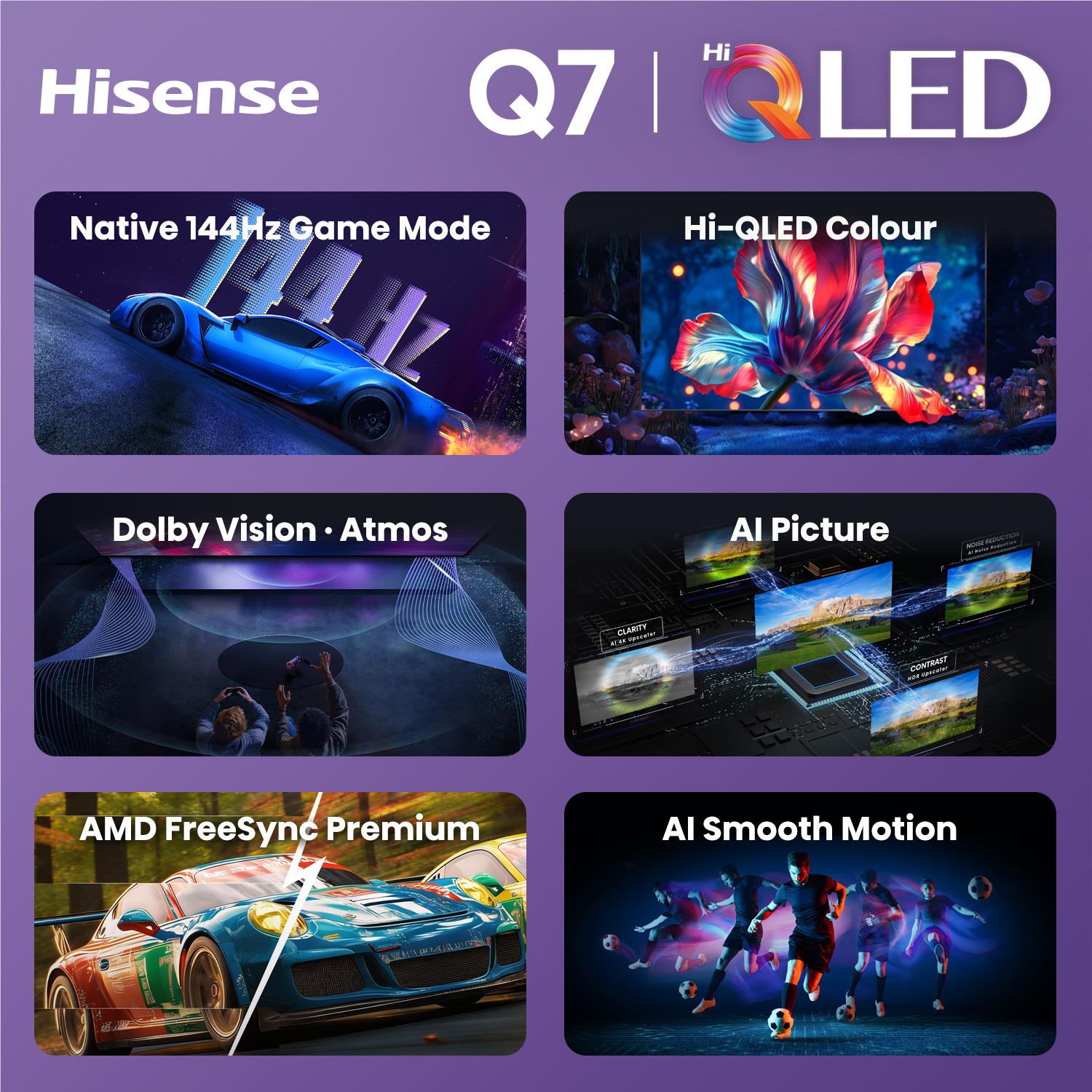 Hisense QLED TV feature tiles screen with Native 144Hz Game Mode and Dolby Vision