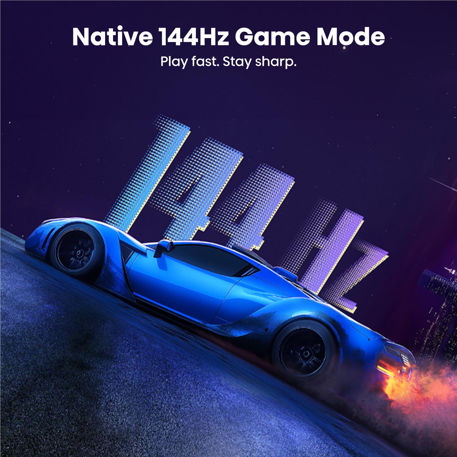 Hisense QLED TV screen showing blue racing car under Native 144Hz Game Mode text