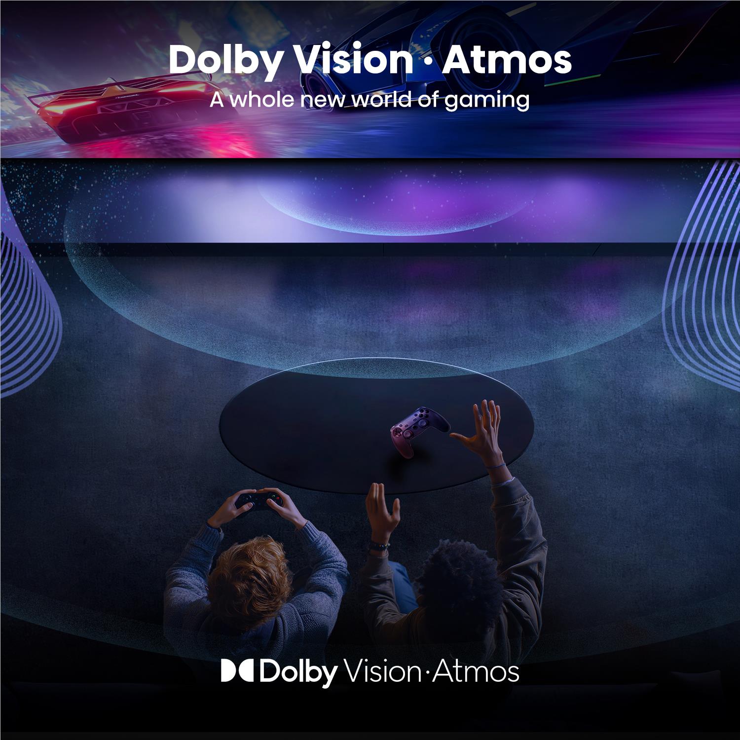 Hisense QLED TV screen showing Dolby Vision Atmos gaming graphic with players