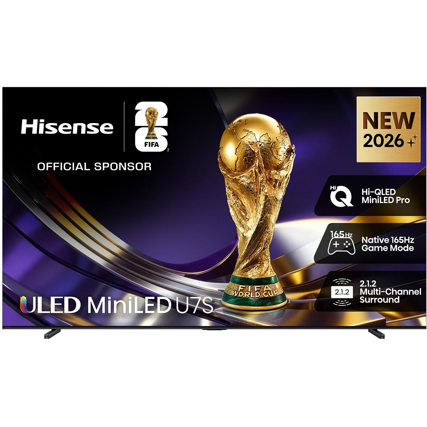 Hisense 100-inch ULED MiniLED 4K smart TV with front stand and trophy graphic
