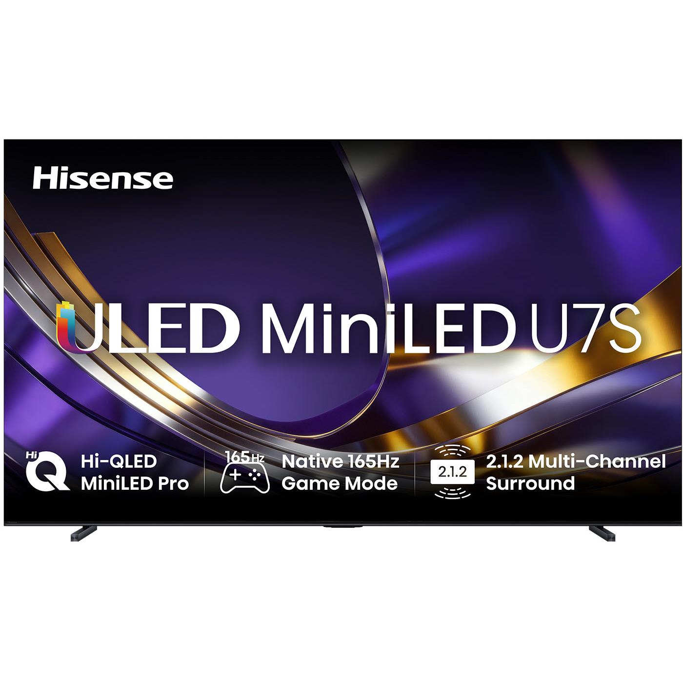 Hisense 100-inch ULED MiniLED 4K smart TV front view with on-screen feature text