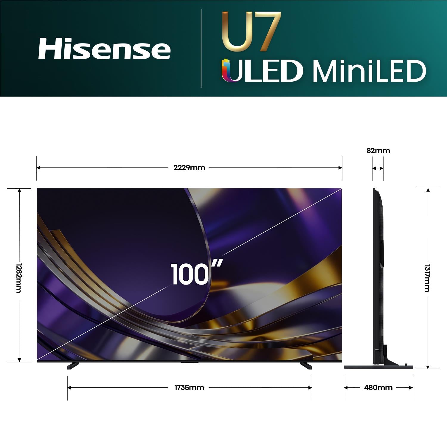 Hisense ULED MiniLED TV side profile with height and width measurement diagram