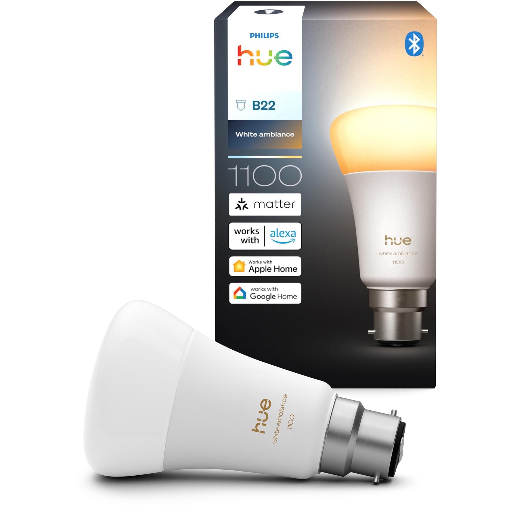 Philips Hue smart LED bulb with B22 base, shown with retail box