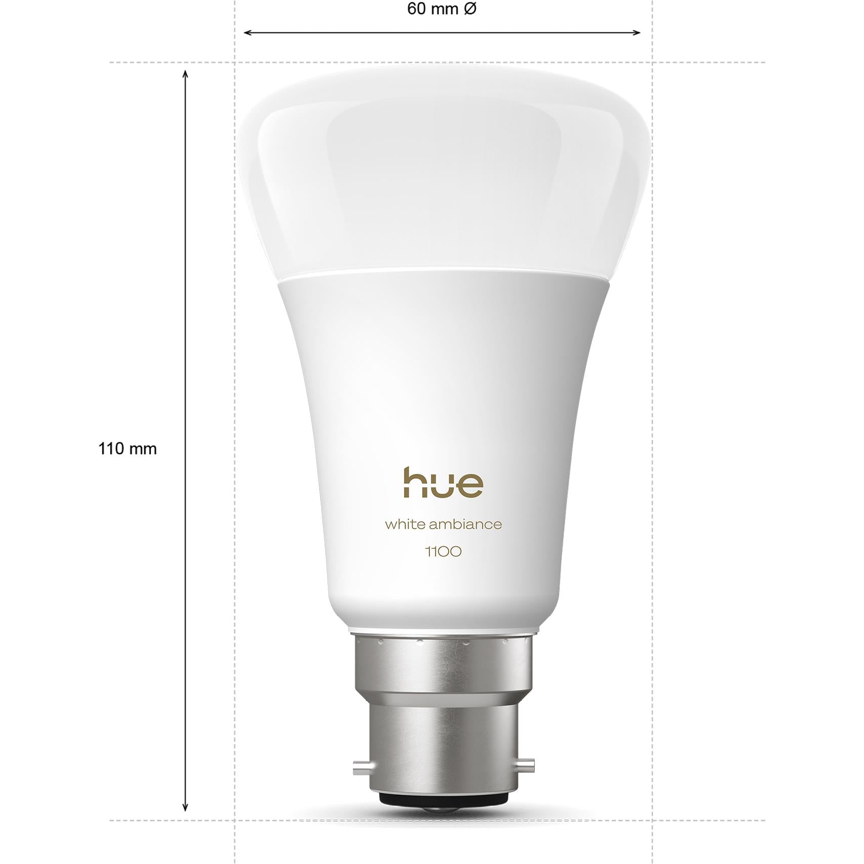 Philips Hue white ambiance smart LED bulb, front view with 60 mm size