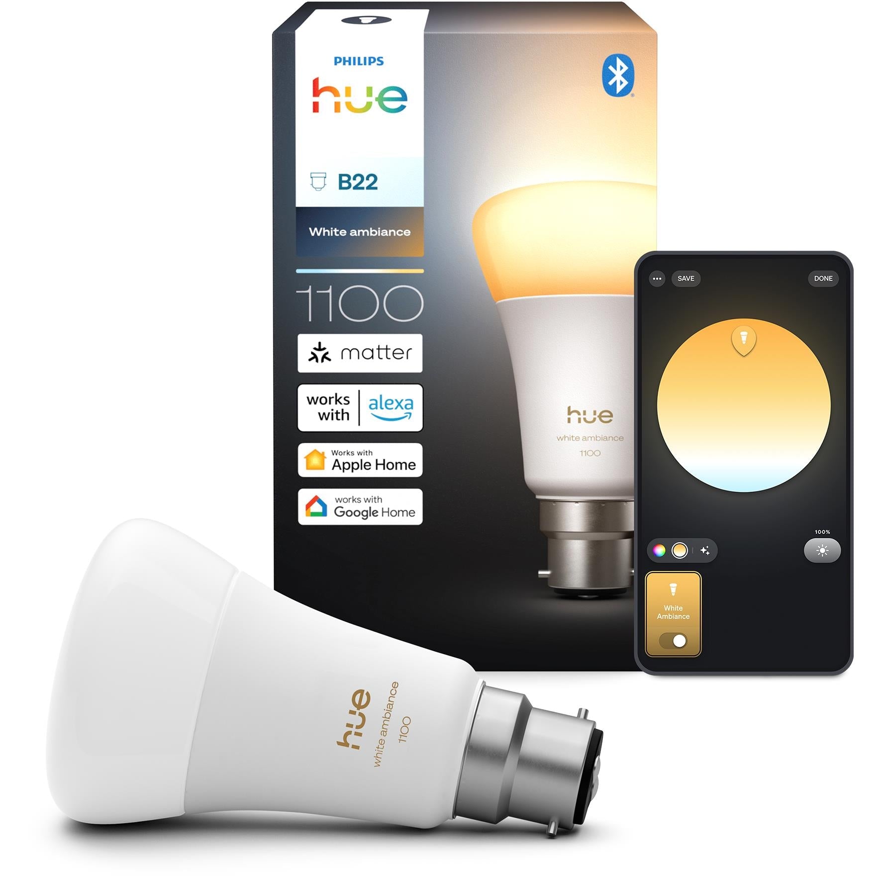 Philips Hue smart LED bulb with retail box and smartphone app control