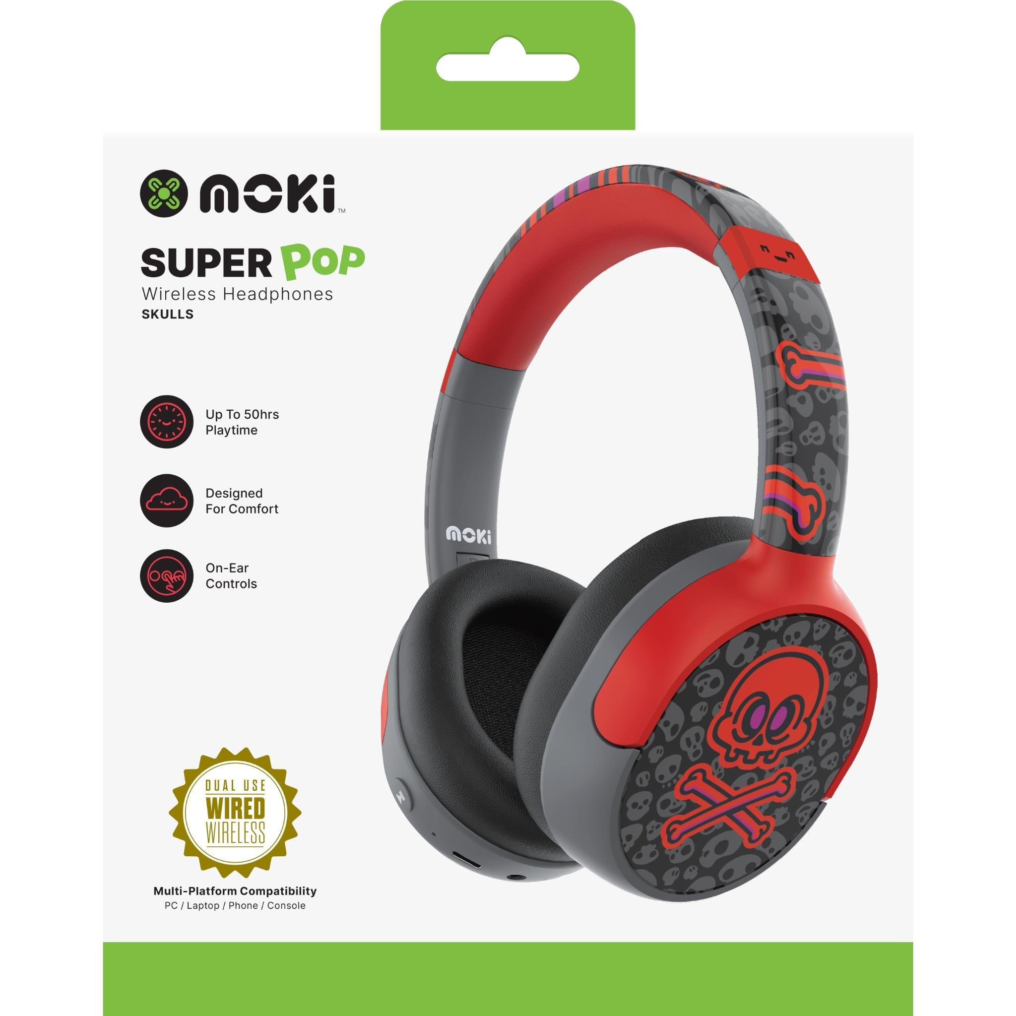 Moki Super Pop Wireless Kids Headphones (Skulls)