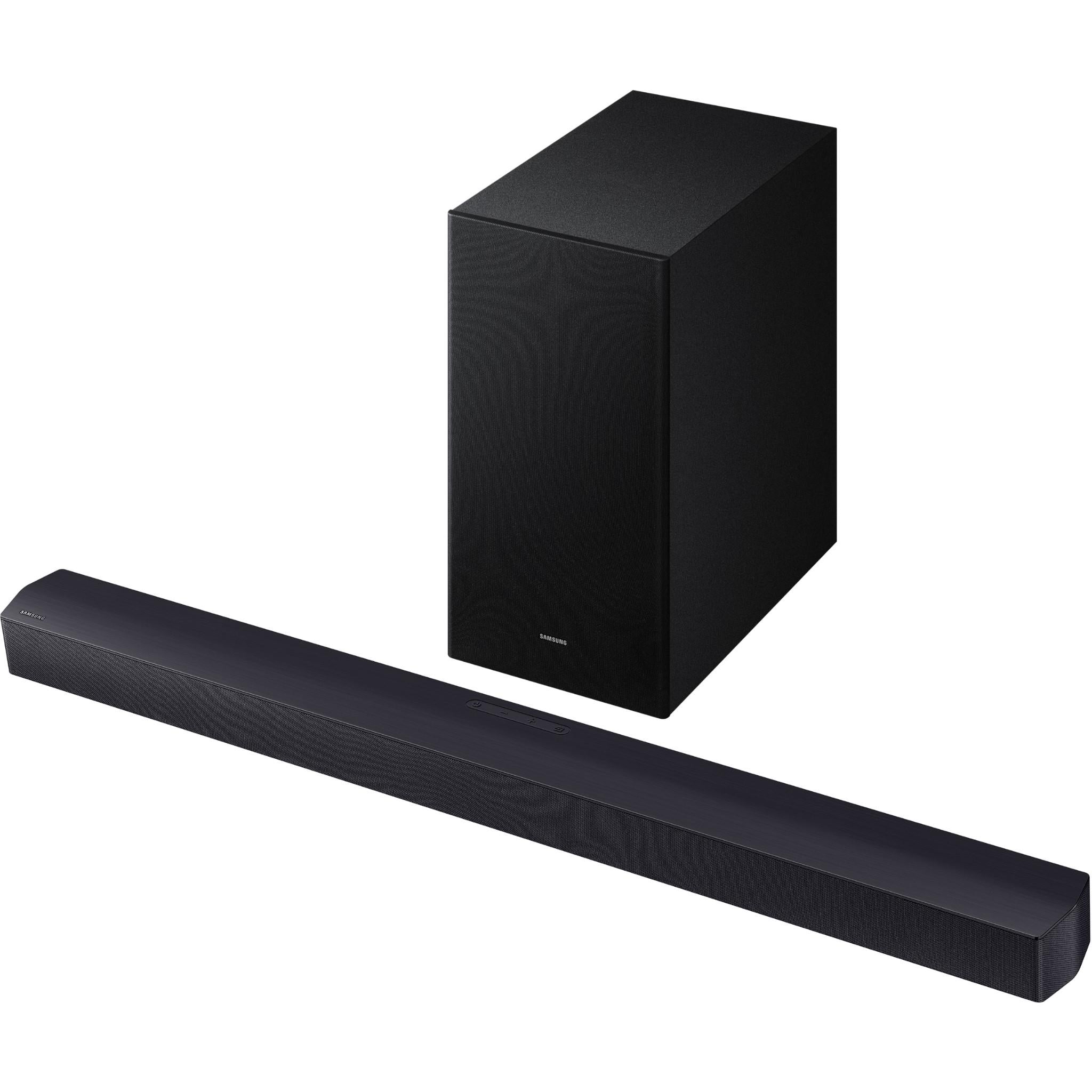 Black soundbar and wireless subwoofer with textured fabric grille