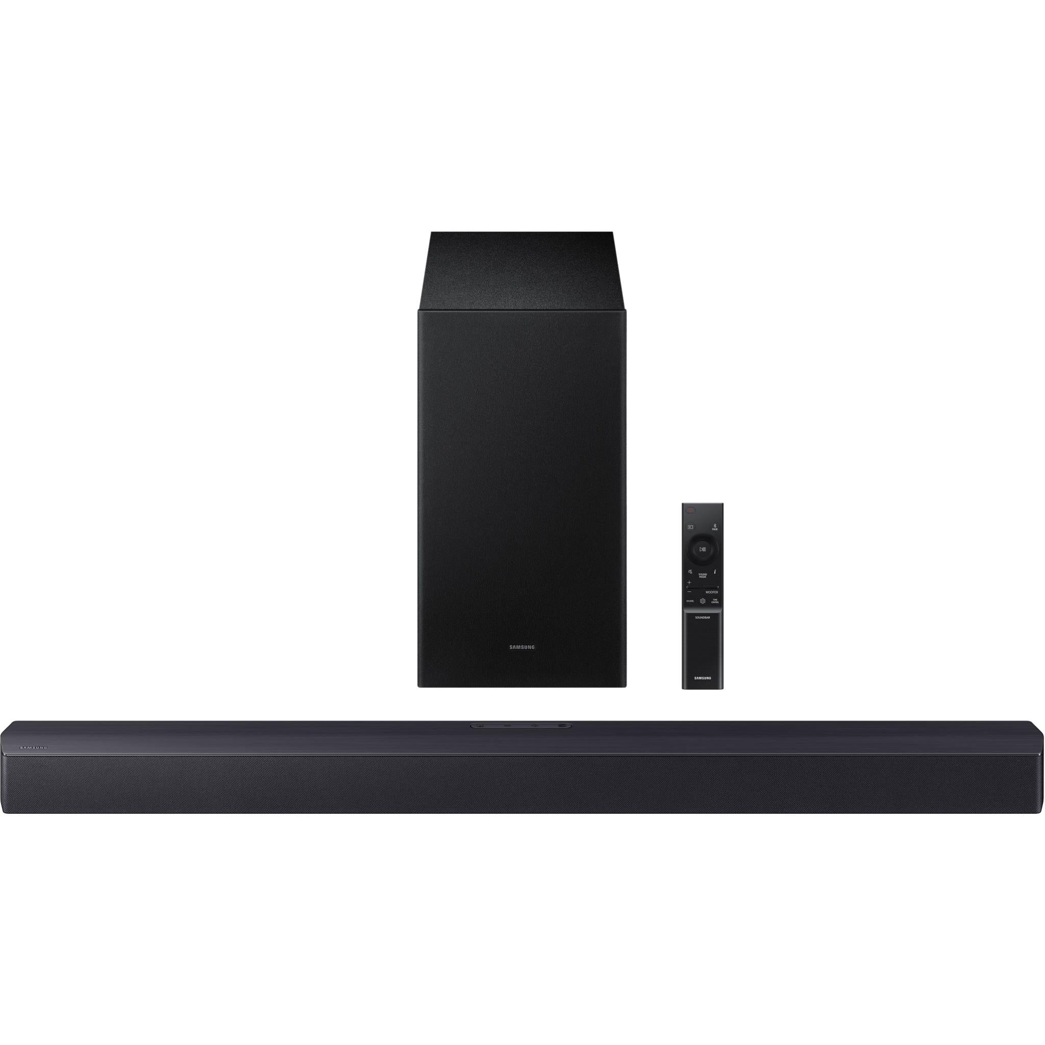 Soundbar front with wireless subwoofer and remote control included