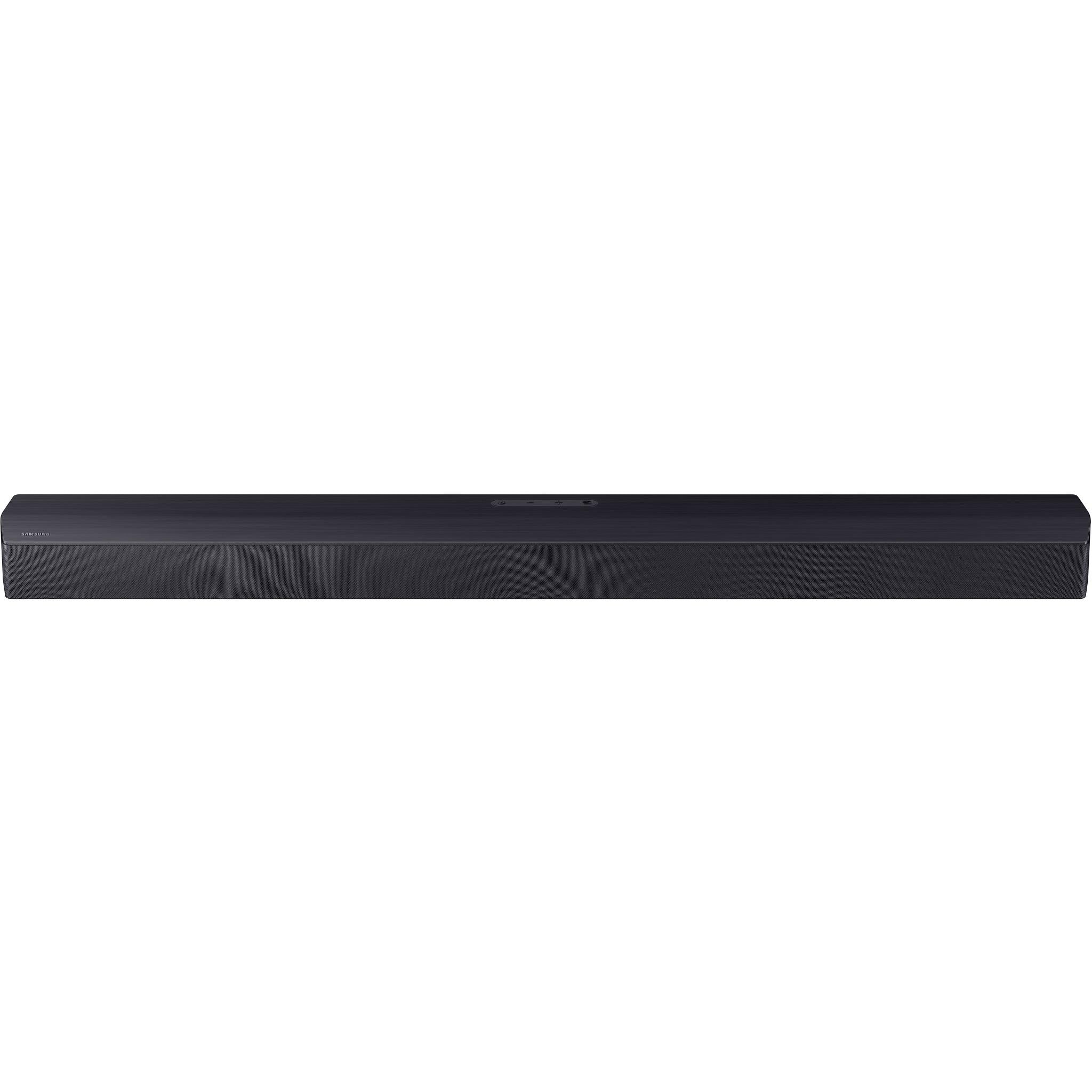 Black soundbar speaker bar with fabric grille and slim profile