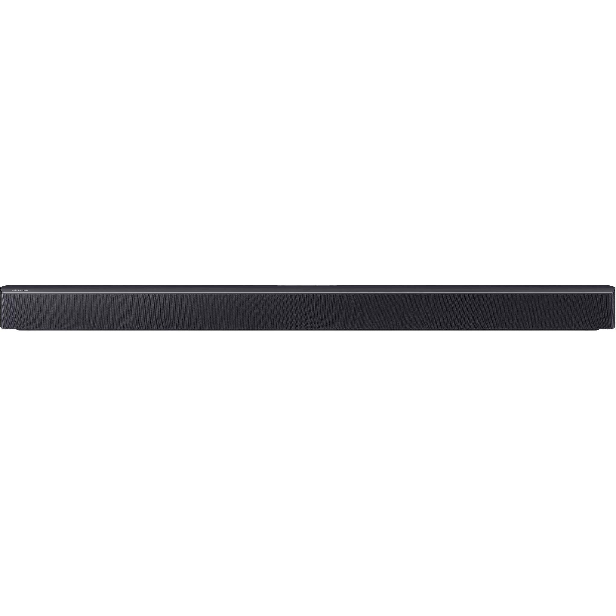 Front view of black soundbar with textured grille