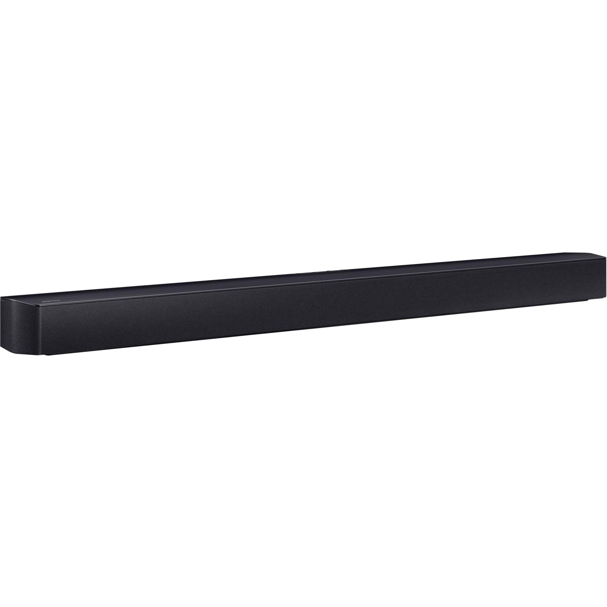 Side view of slim black soundbar speaker bar