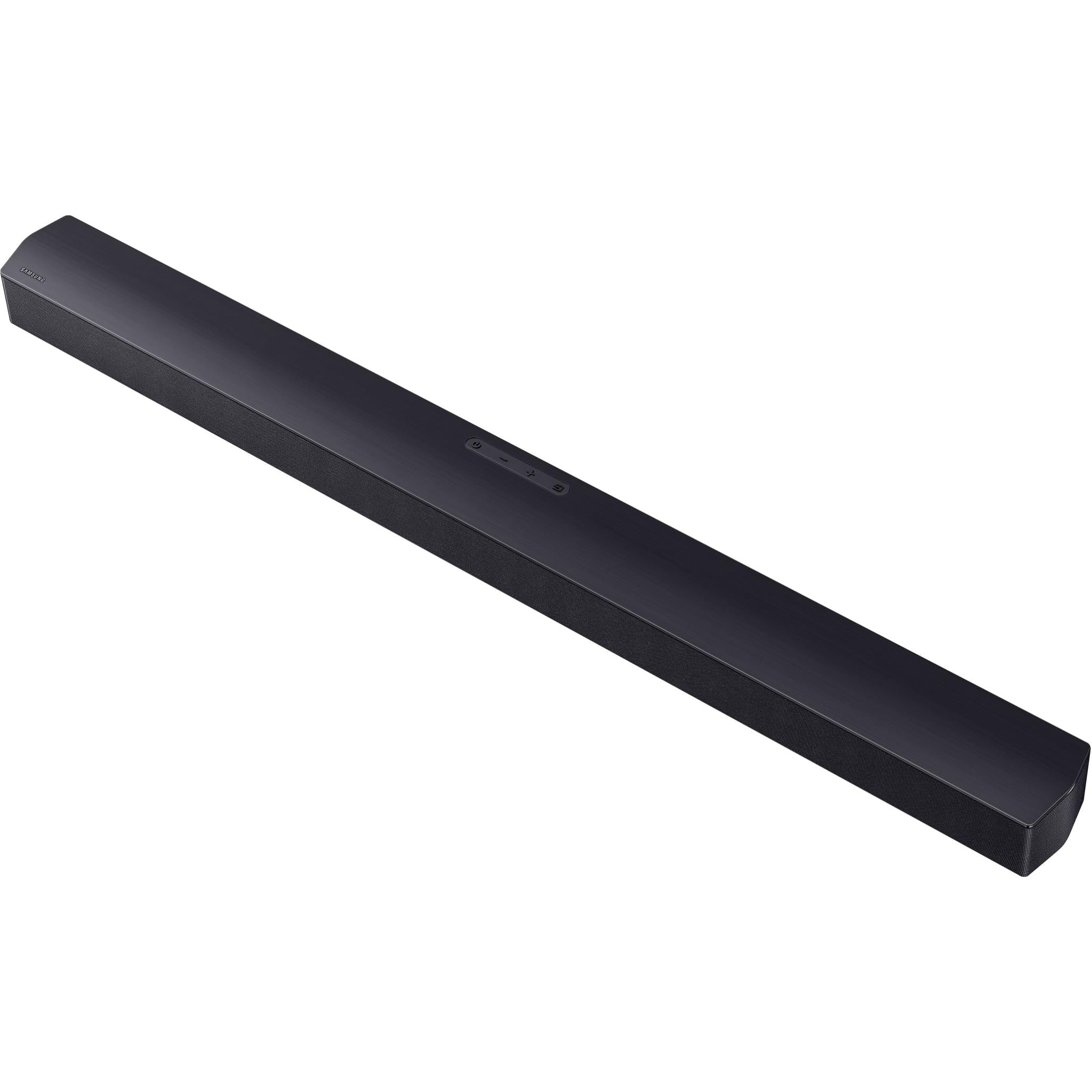 Angled view of black soundbar with control buttons visible