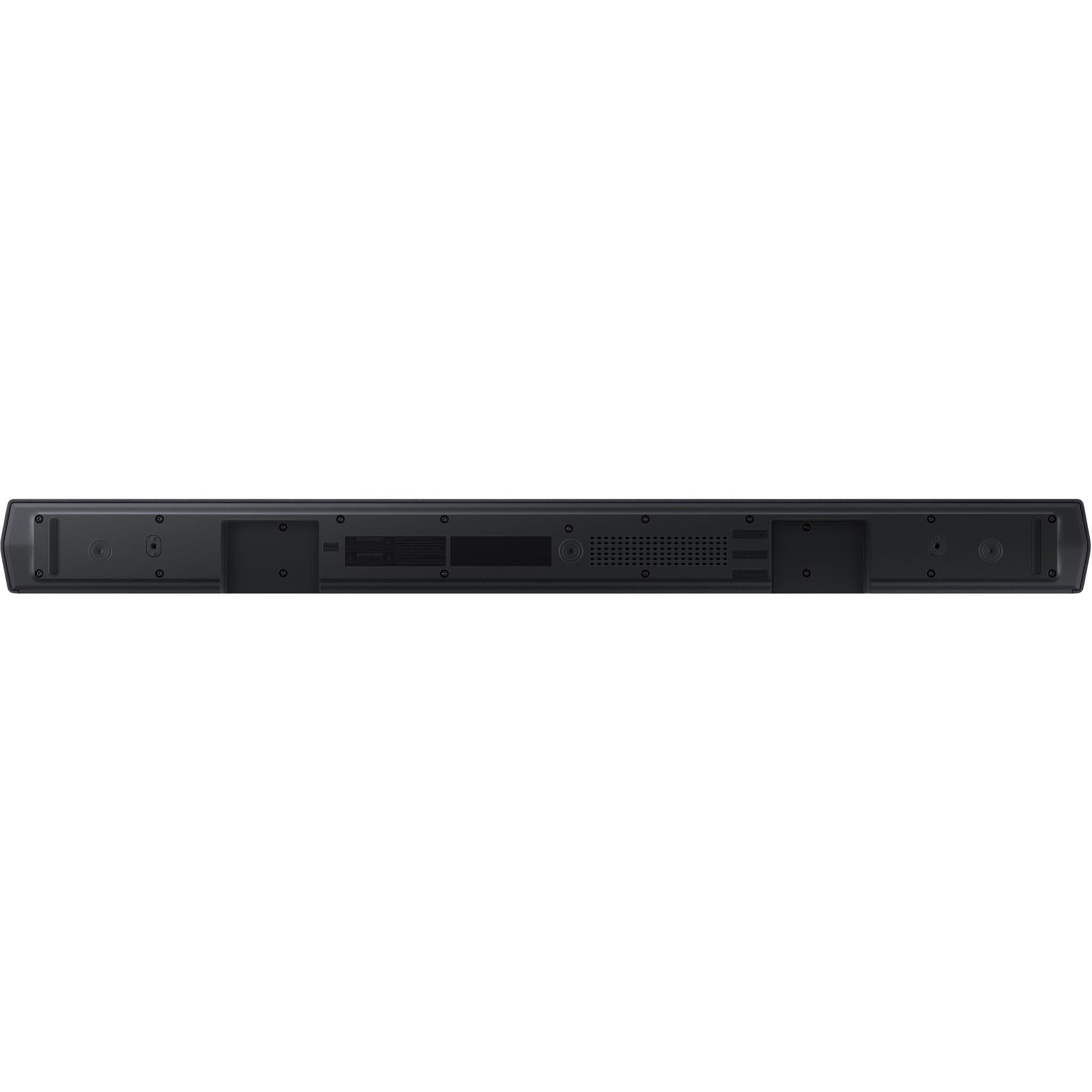 Underside of black soundbar with ports and vents