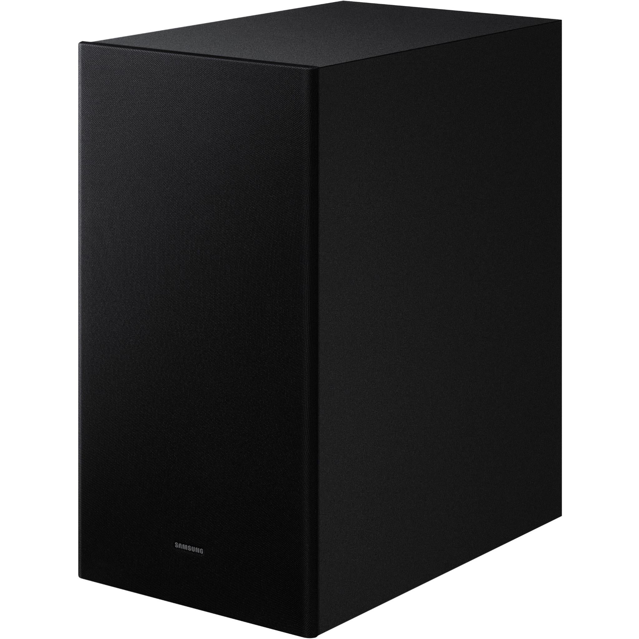 Wireless subwoofer speaker box in black with Samsung logo