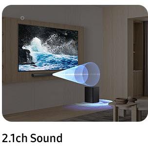 2.1ch soundbar with wireless subwoofer, shown with audio waves effect