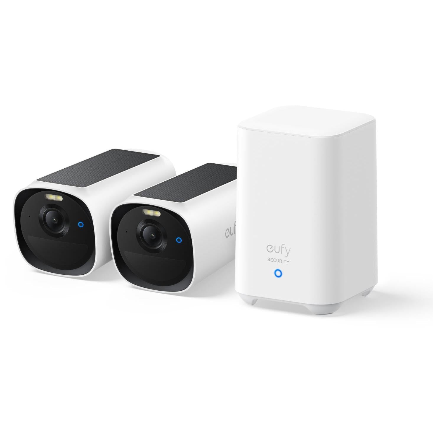 Wireless security camera kit with two white cameras and a HomeBase 2 hub unit