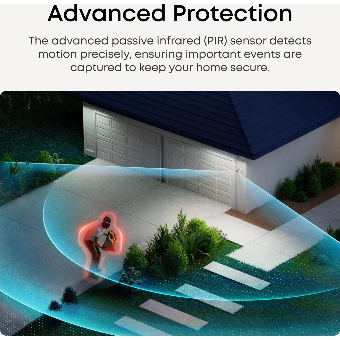 Outdoor security camera kit motion detection coverage overlay near garage driveway