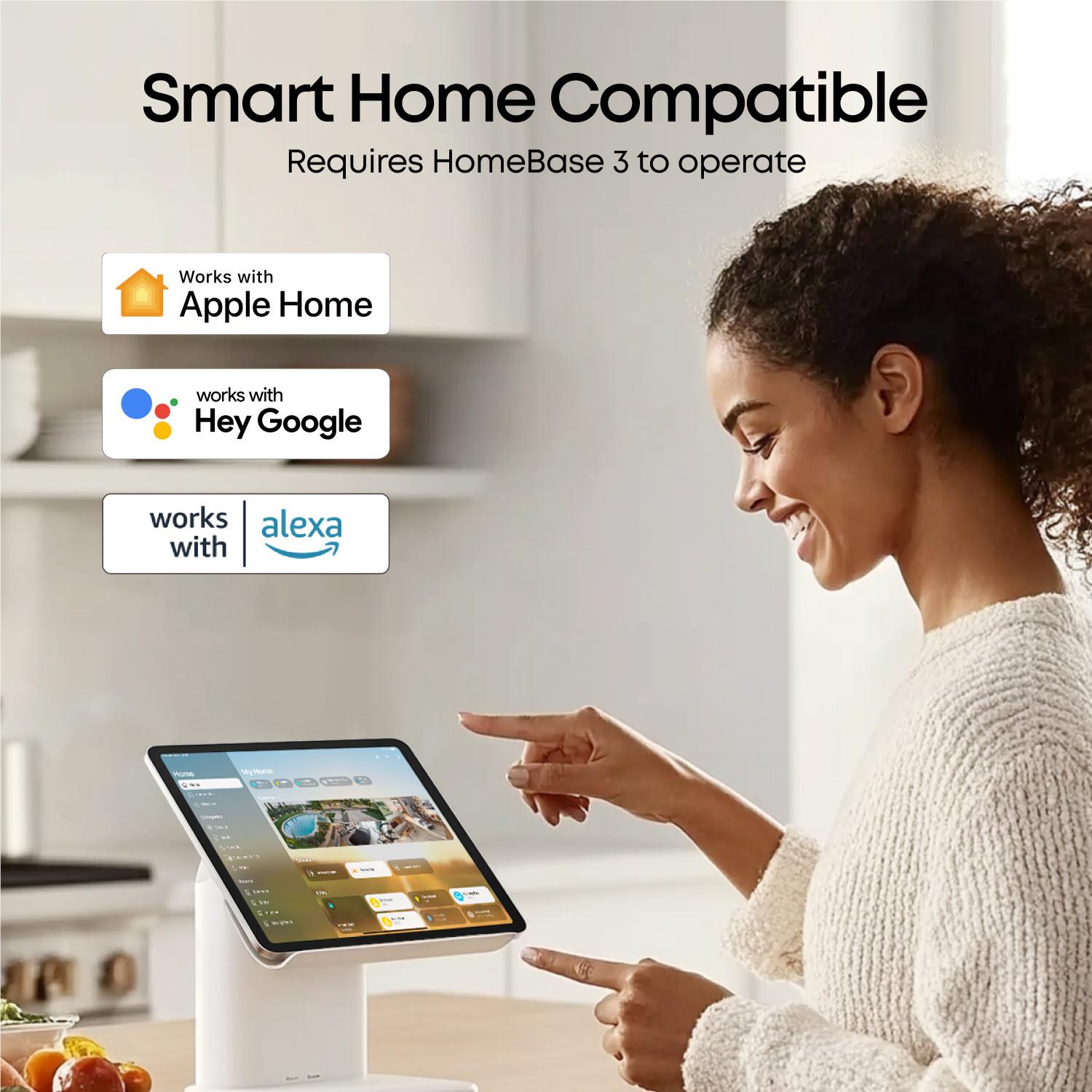 Smart home security camera kit with HomeBase hub controls on tablet in a living room