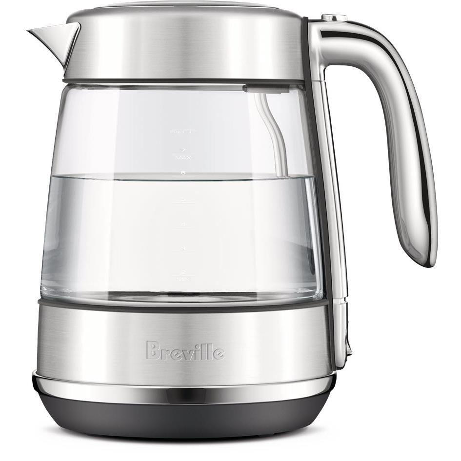 Stainless electric kettle with clear glass jug and curved handle