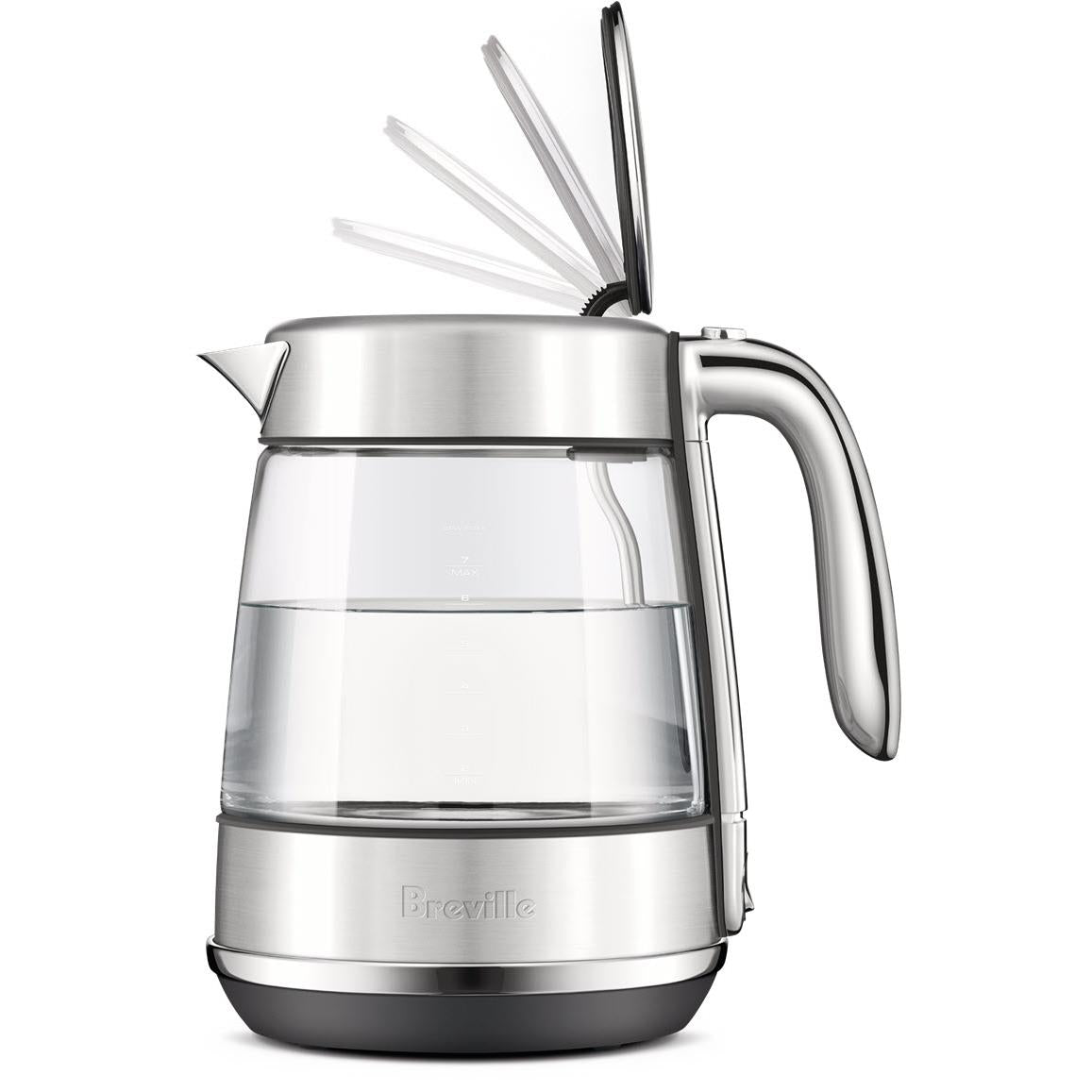 Stainless electric kettle with clear glass jug and lid open