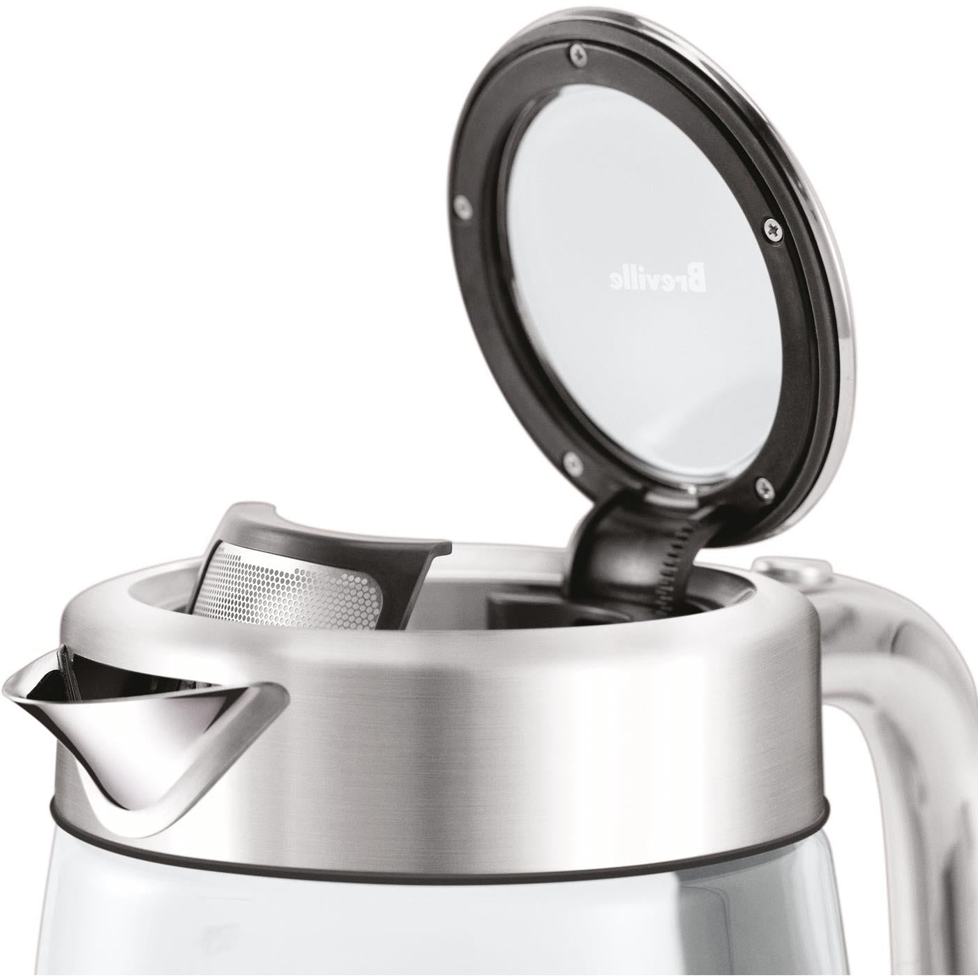 Stainless electric kettle with open lid and inner steam filter visible