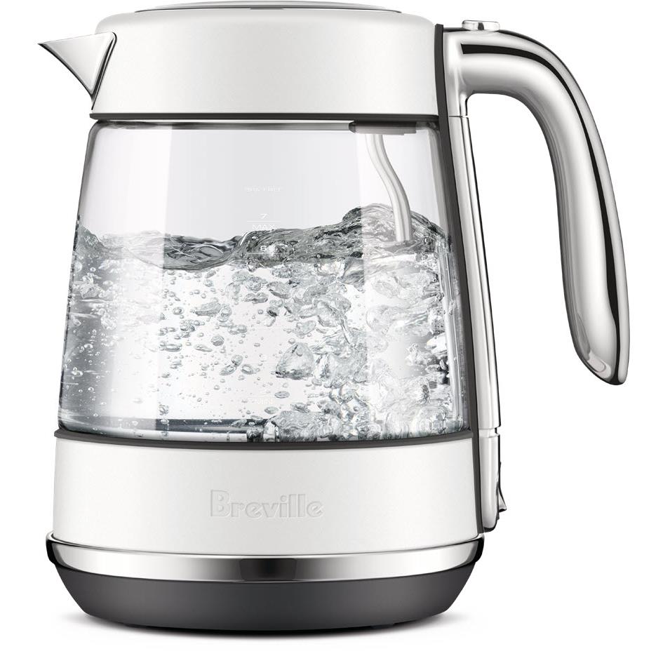 Breville glass jug electric kettle with stainless steel base and handle, filled with water