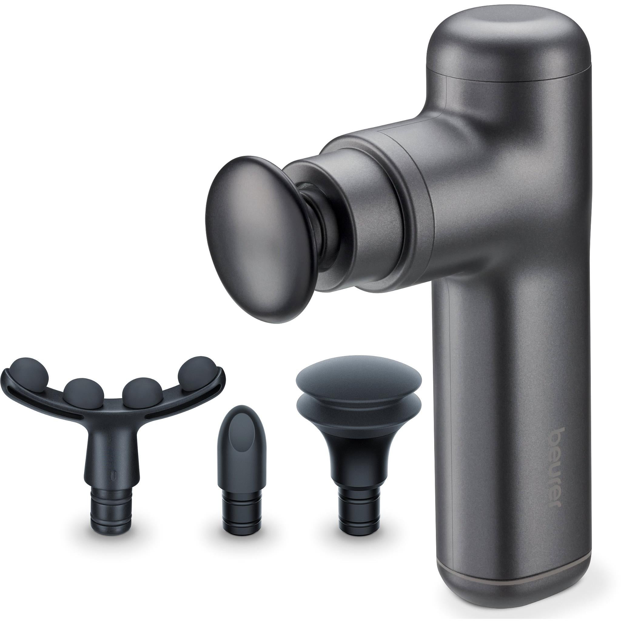 Grey deep tissue massage gun with multiple attachment heads