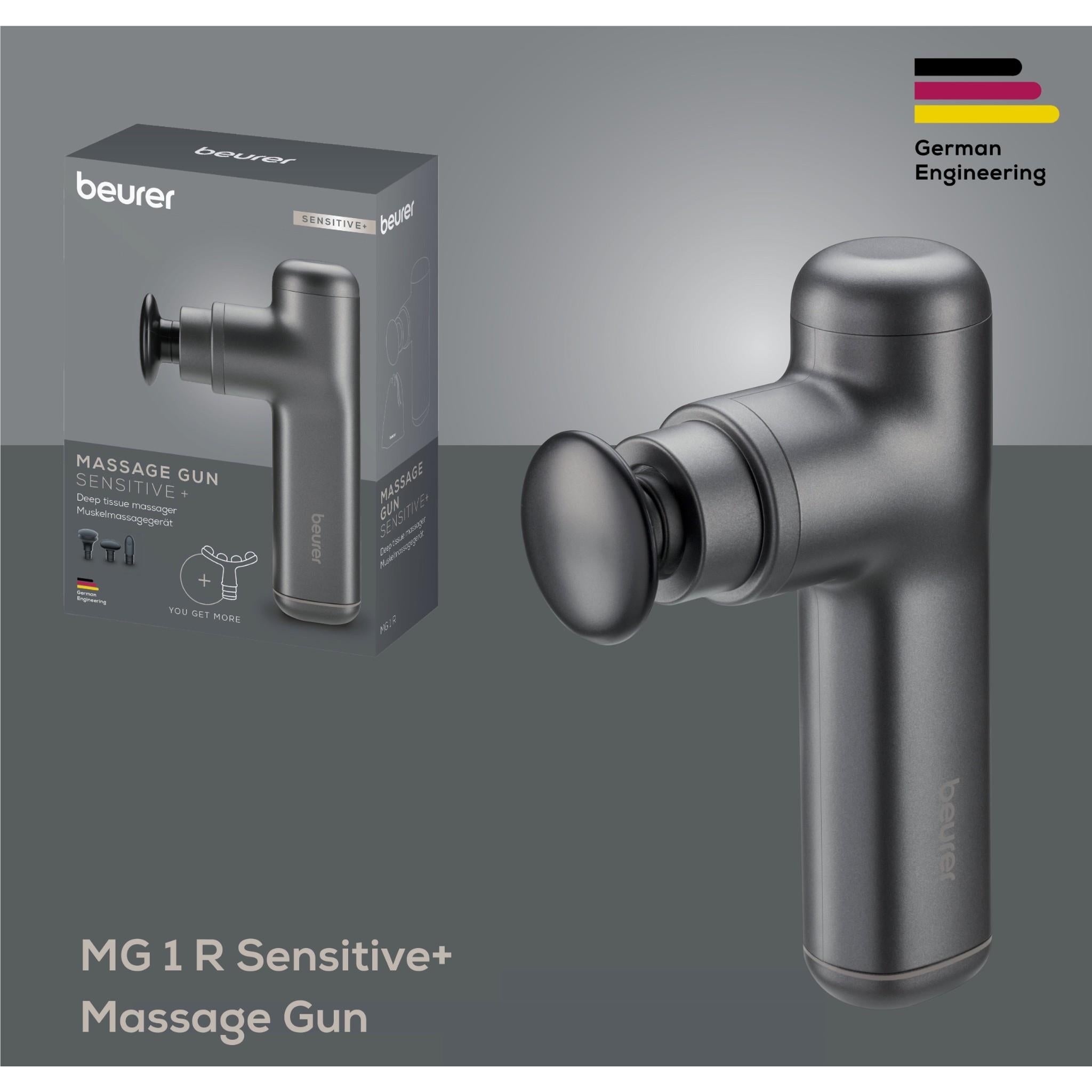 Grey deep tissue massage gun with retail box and attachment heads