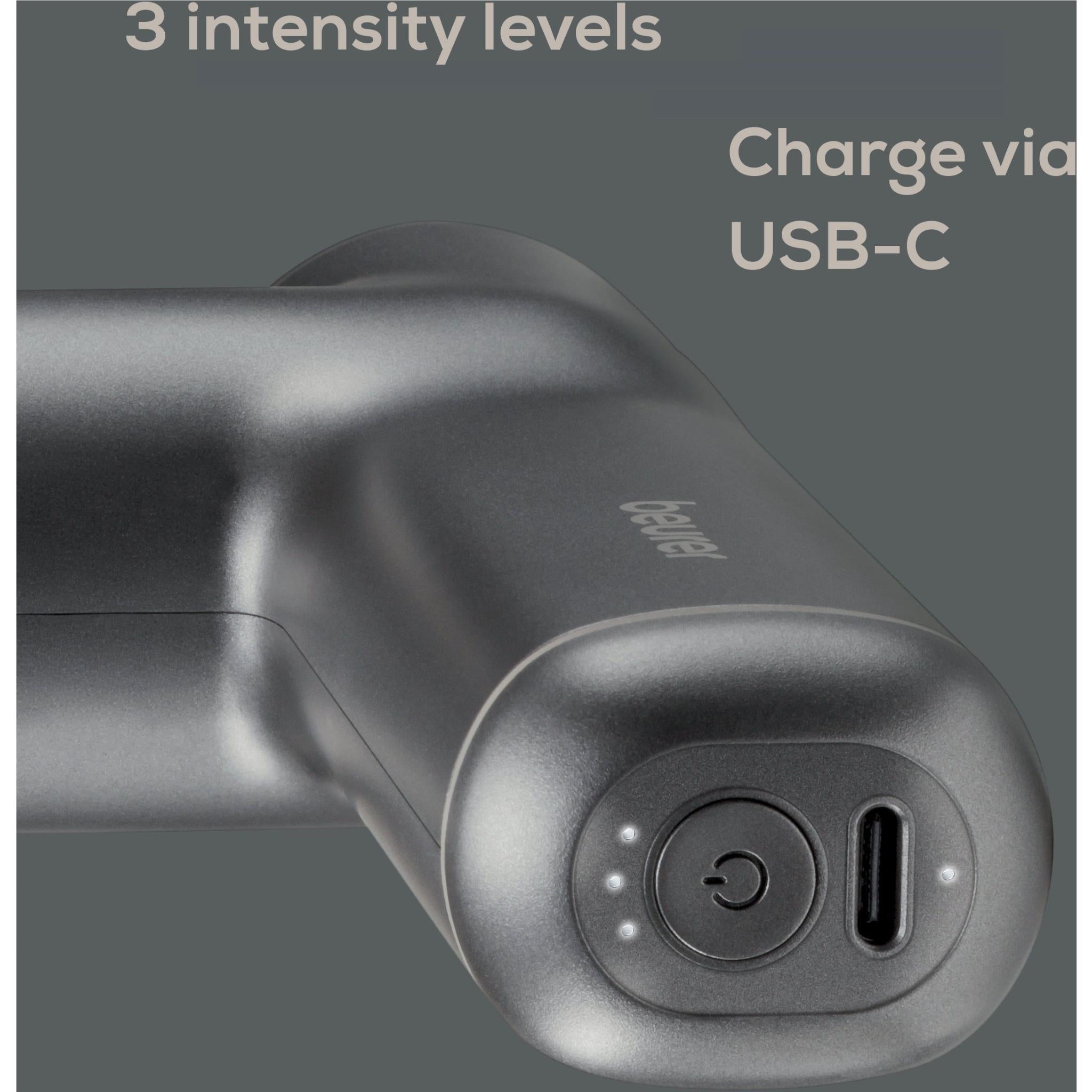 Grey massage gun handle close-up with control button and USB-C port