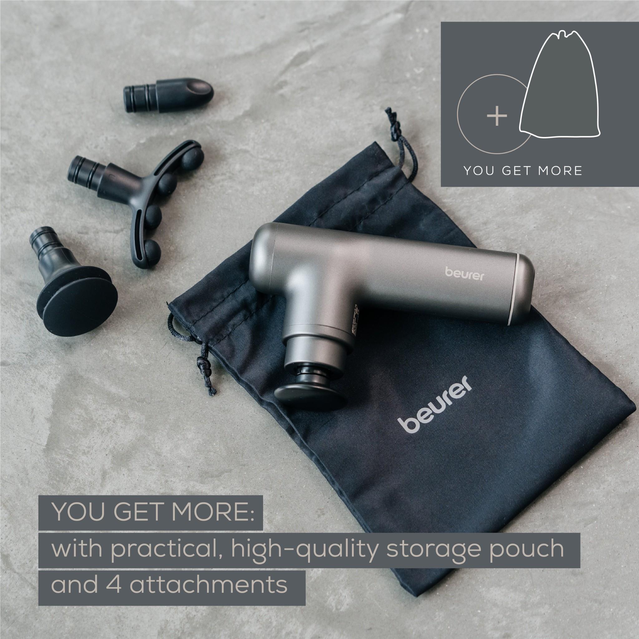 Grey massage gun kit with storage pouch and four attachment heads