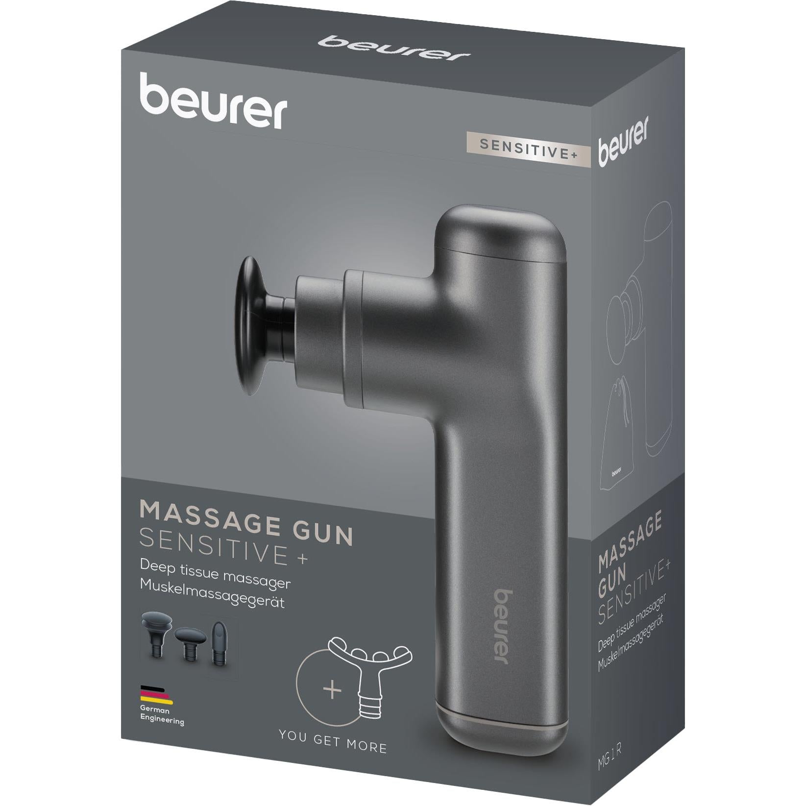 Beurer grey sensitive deep tissue massage gun shown with retail box