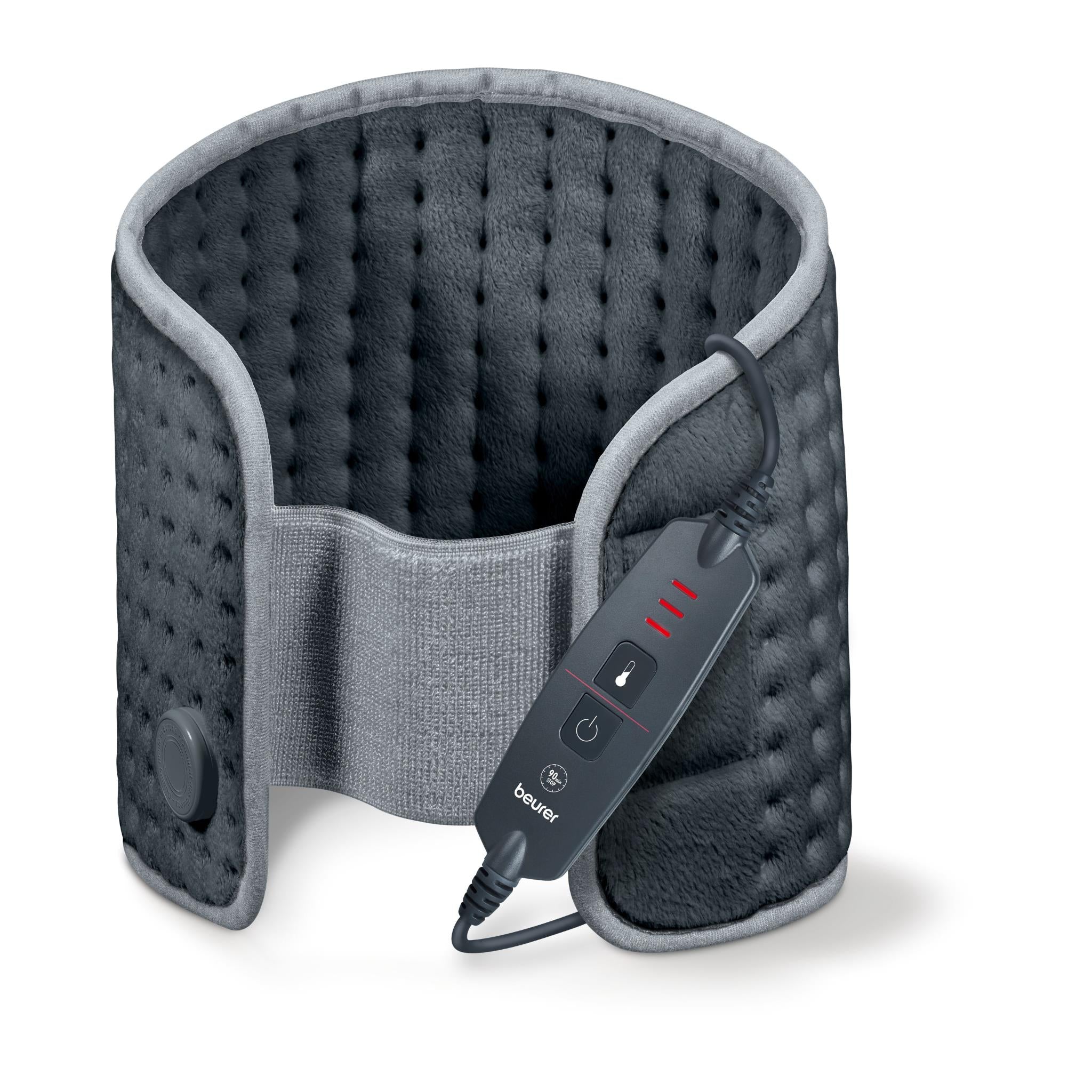 Grey fleece abdominal and back heat pad with attached controller and power cable