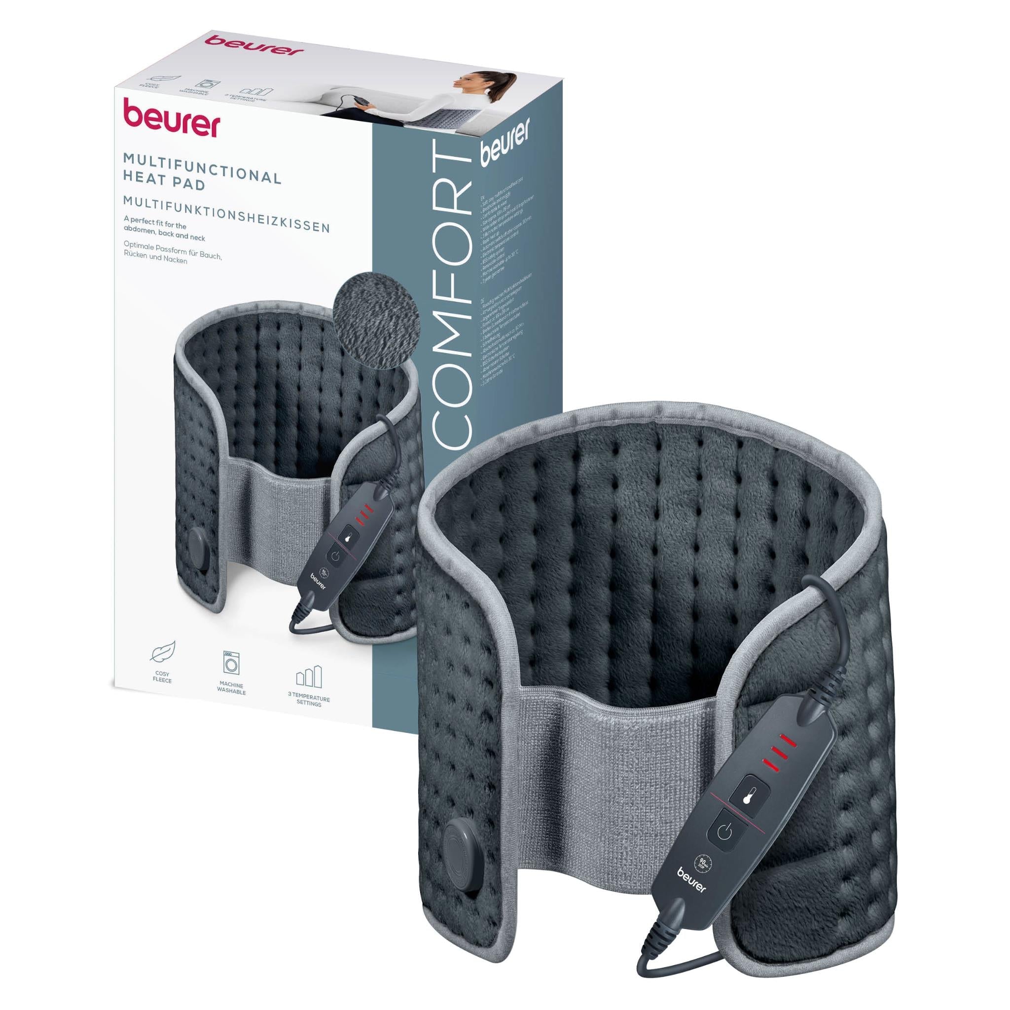 Grey fleece abdominal and back heat pad set with controller on product box