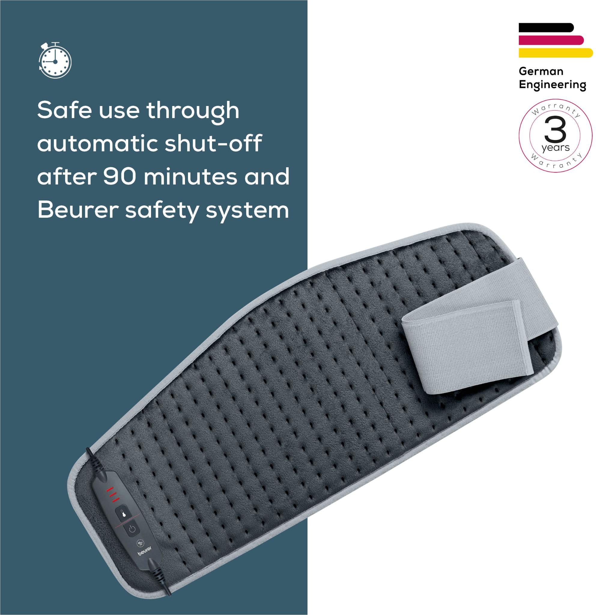 Long grey fleece heat pad with controller and rectangular Velcro band