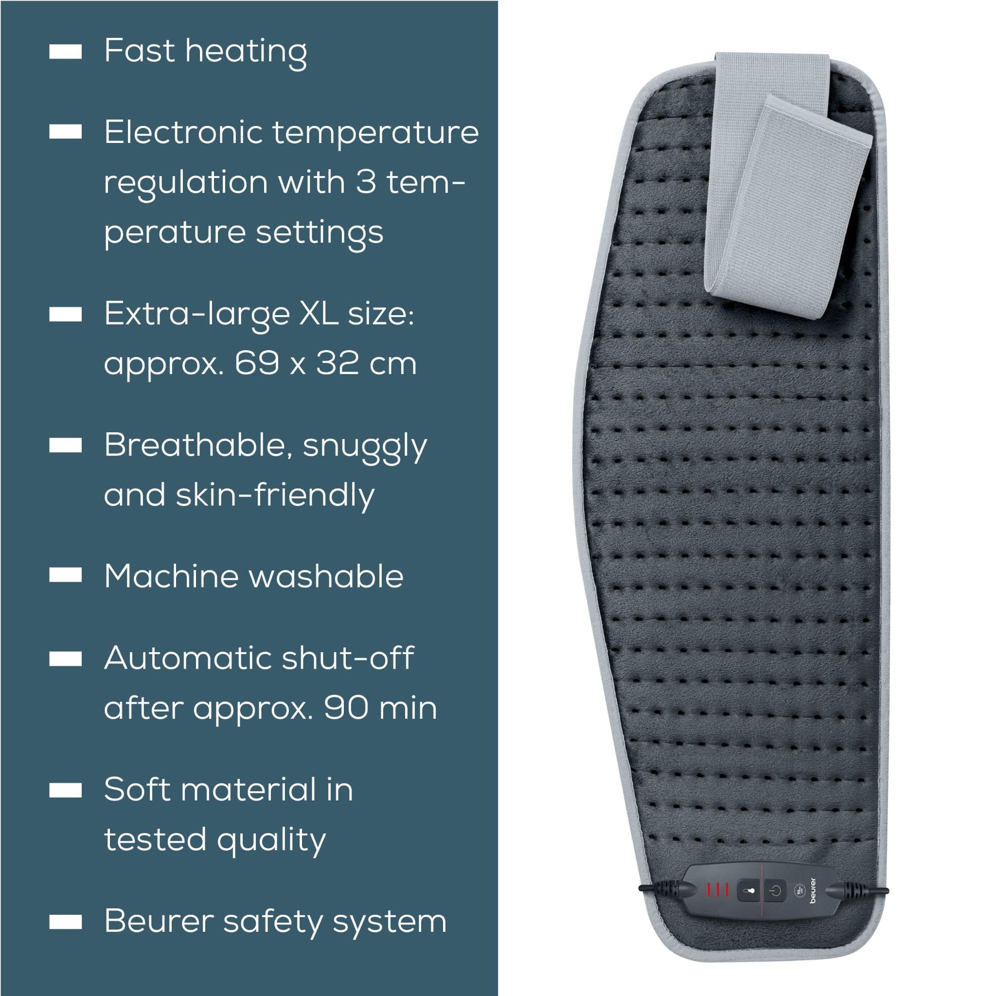 Grey fleece XL heat pad with controller and soft dot texture for breathable comfort