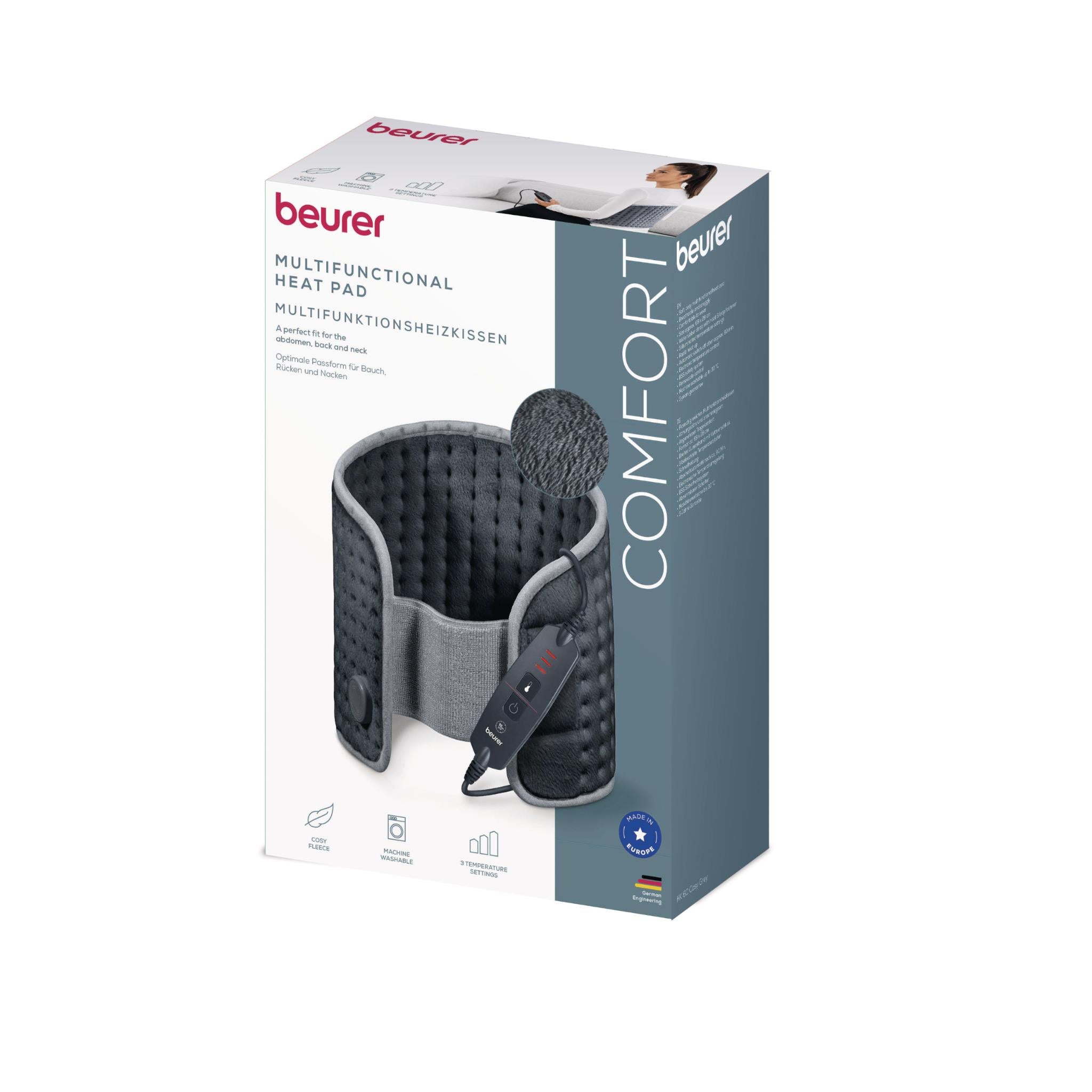 Beurer multifunctional heat pad in grey fleece shown in retail packaging